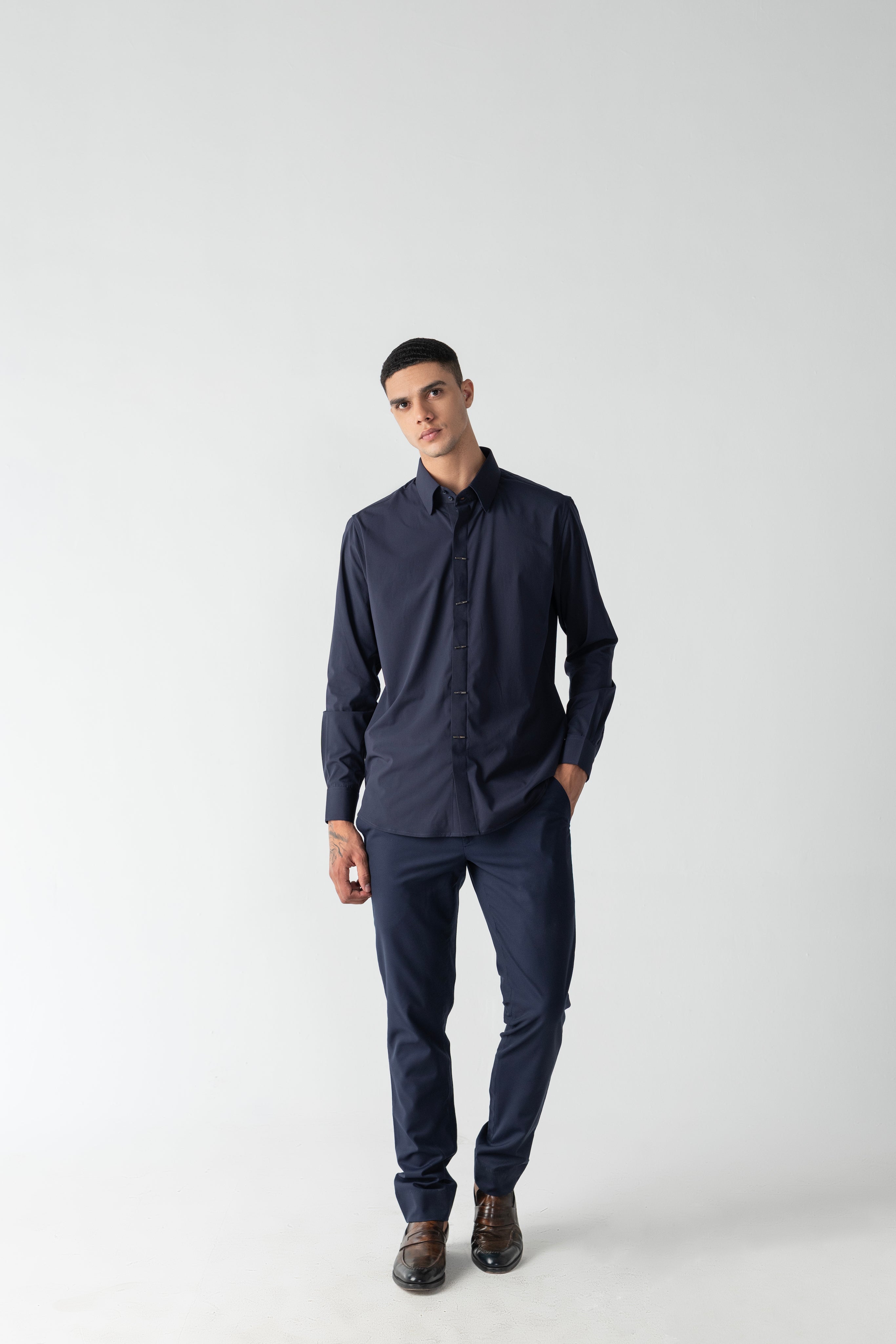Navy blue shirt with statement metallic buttons
