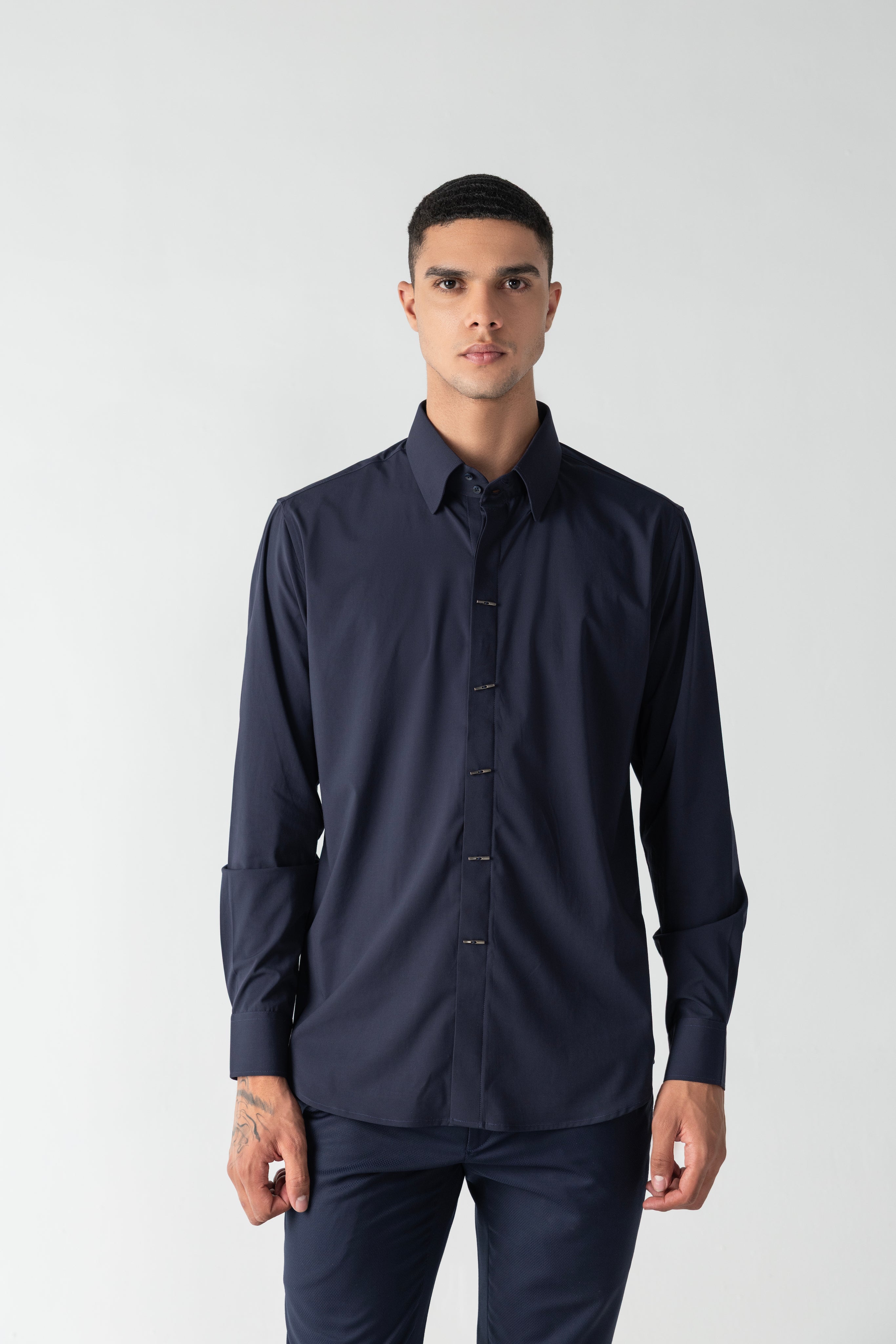 Navy blue shirt with statement metallic buttons