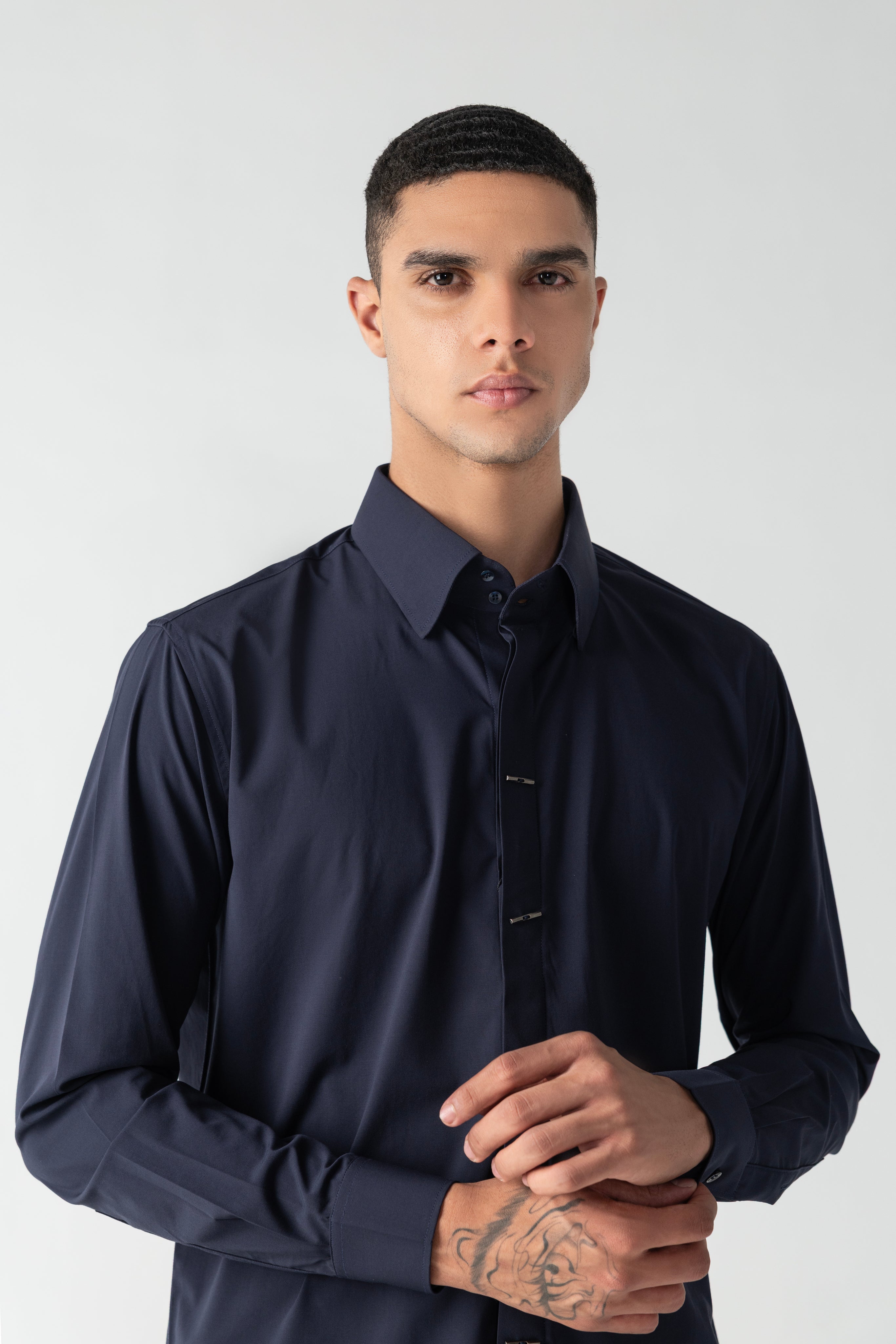 Navy blue shirt with statement metallic buttons