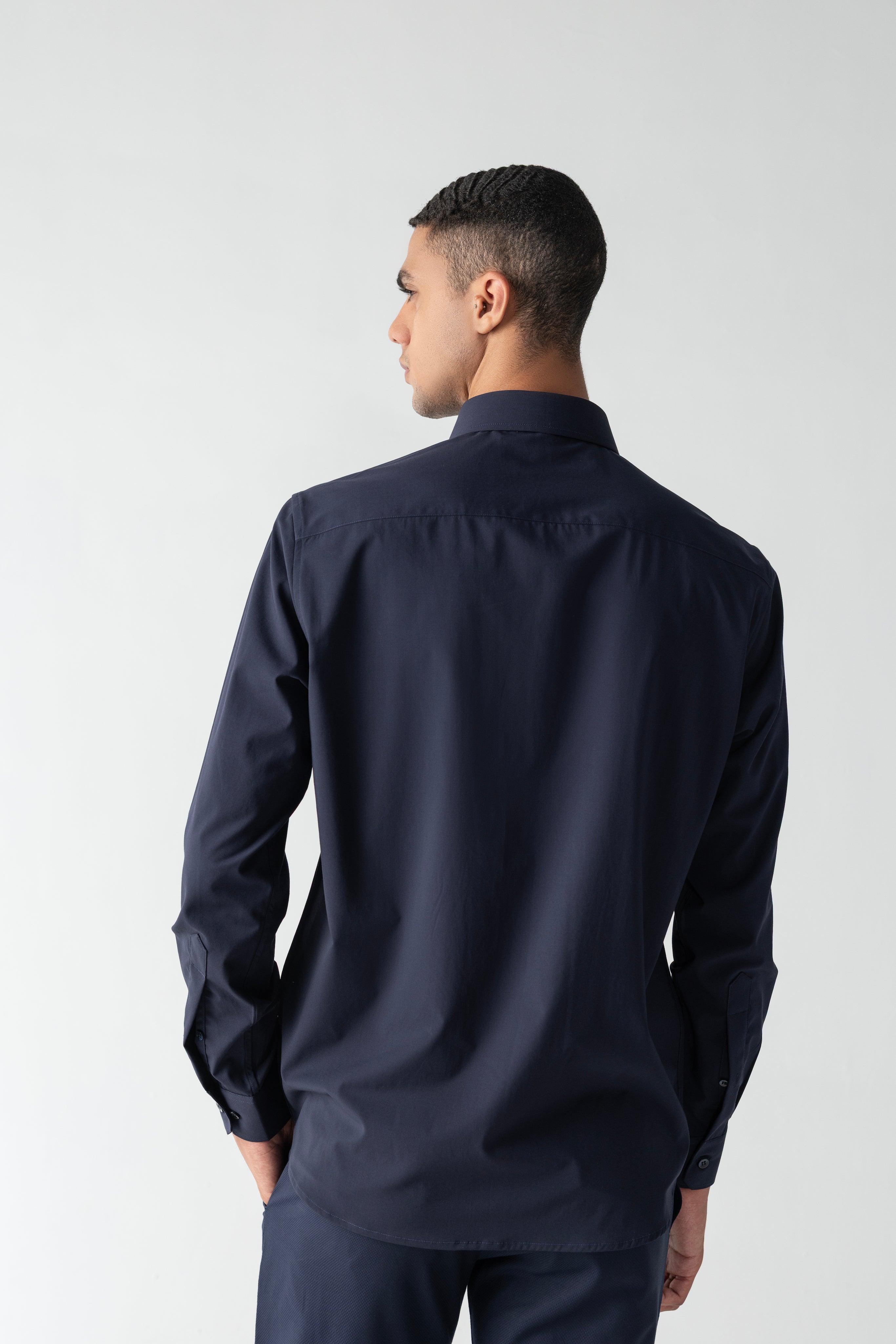 Navy blue shirt with statement metallic buttons
