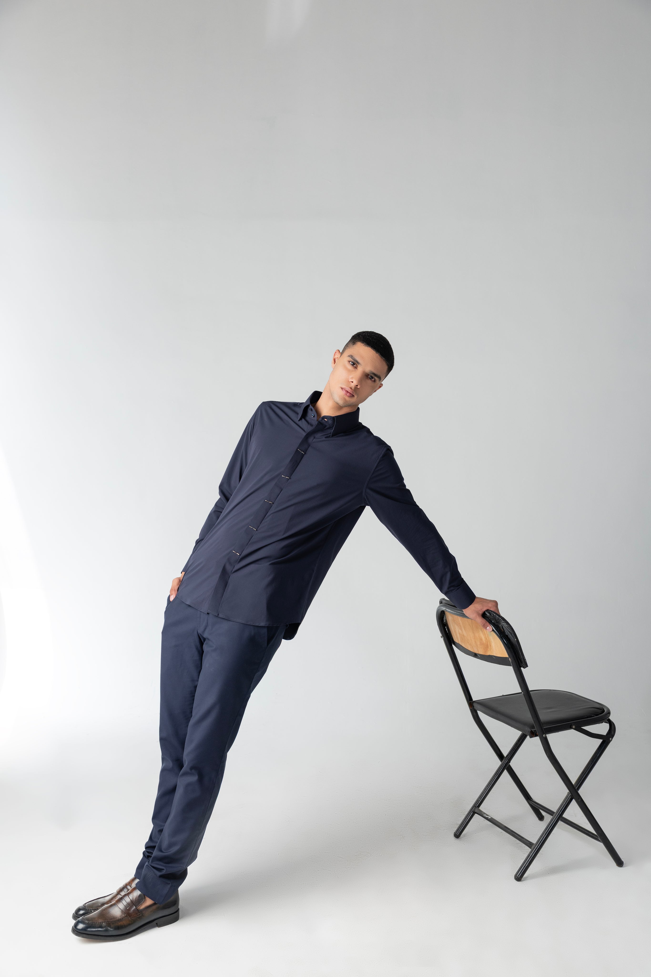 Navy blue shirt with statement metallic buttons
