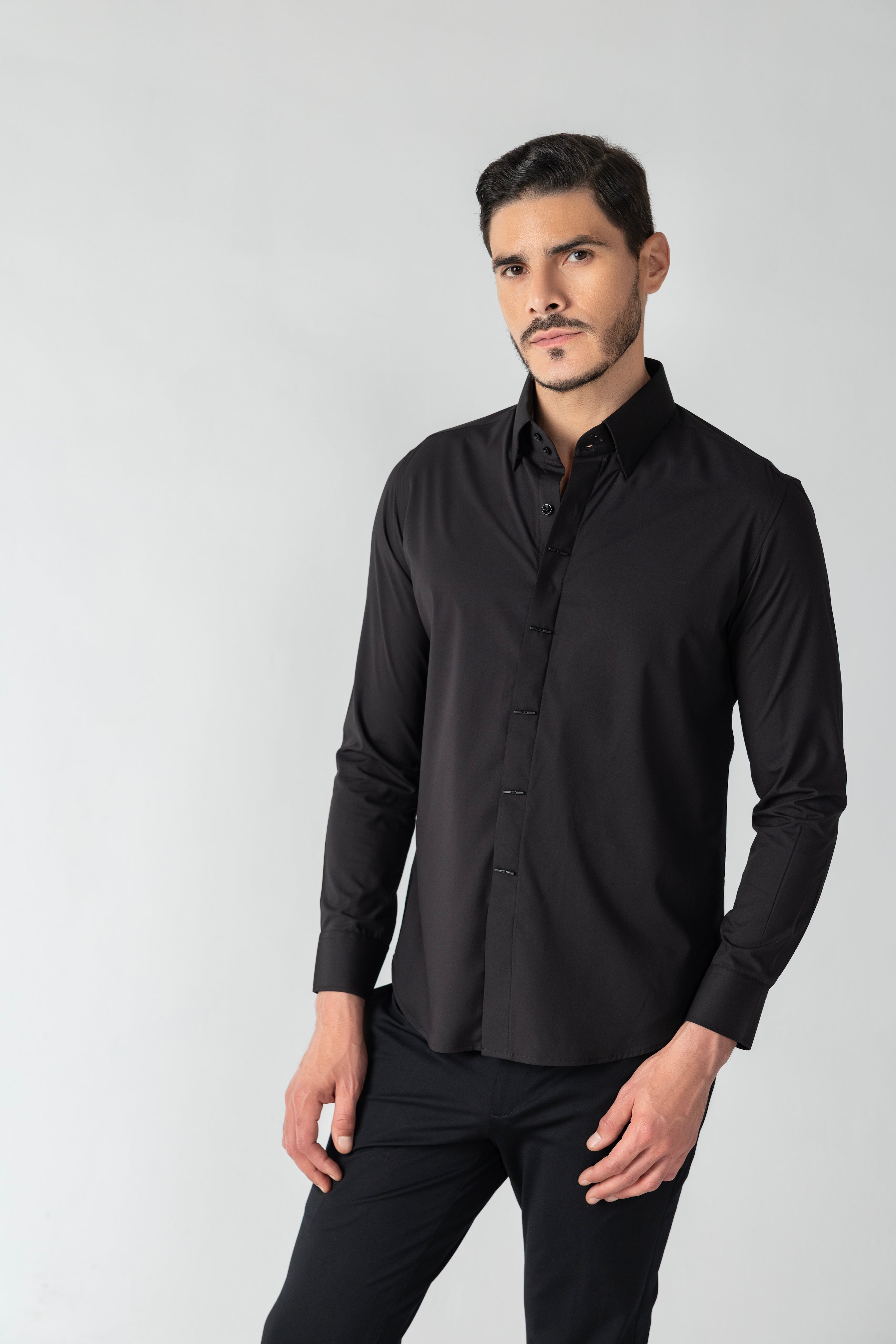 Black shirt with statement metallic buttons
