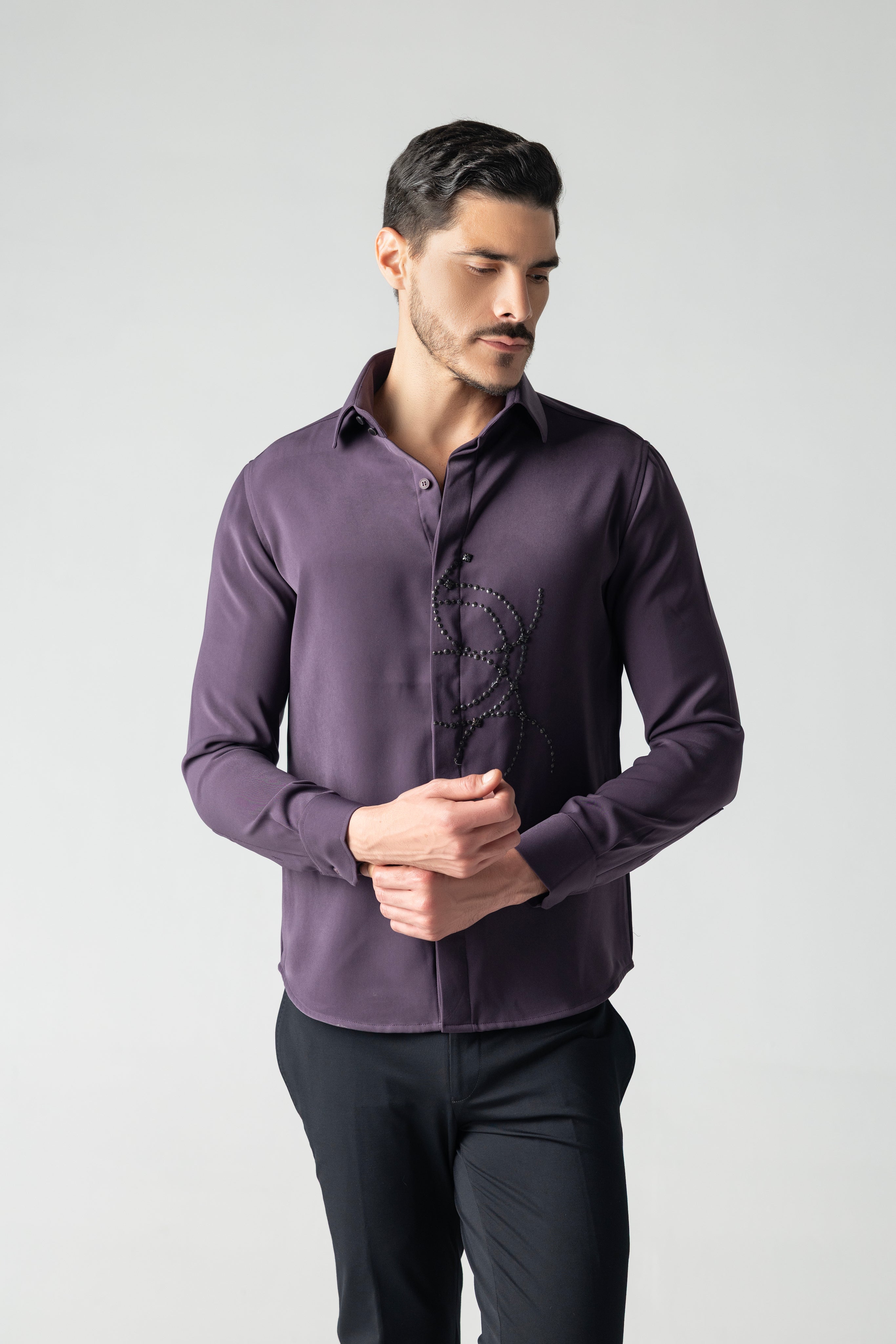Purple shirt with abstract hand-embroidered metal motif