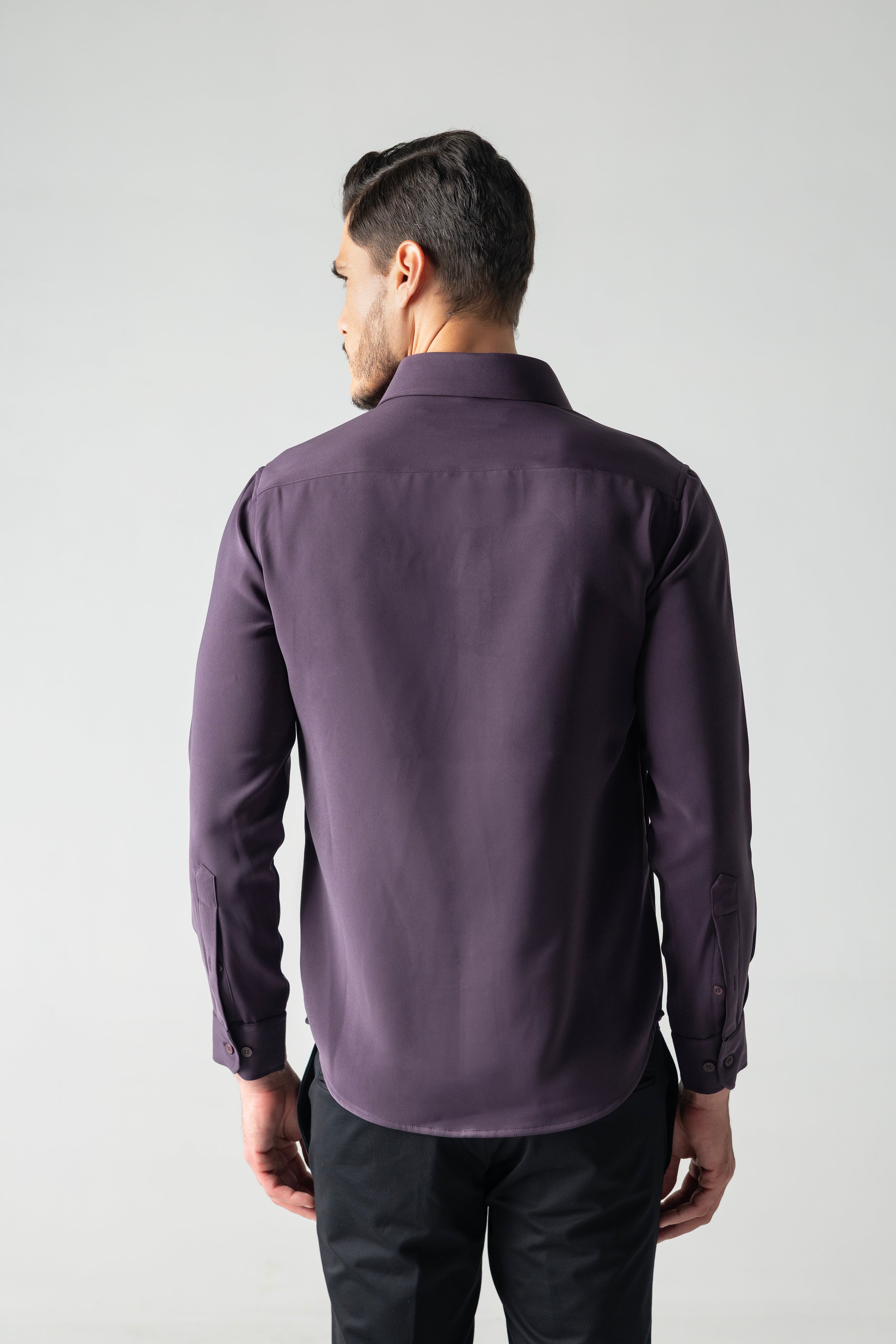 Purple shirt with abstract hand-embroidered metal motif