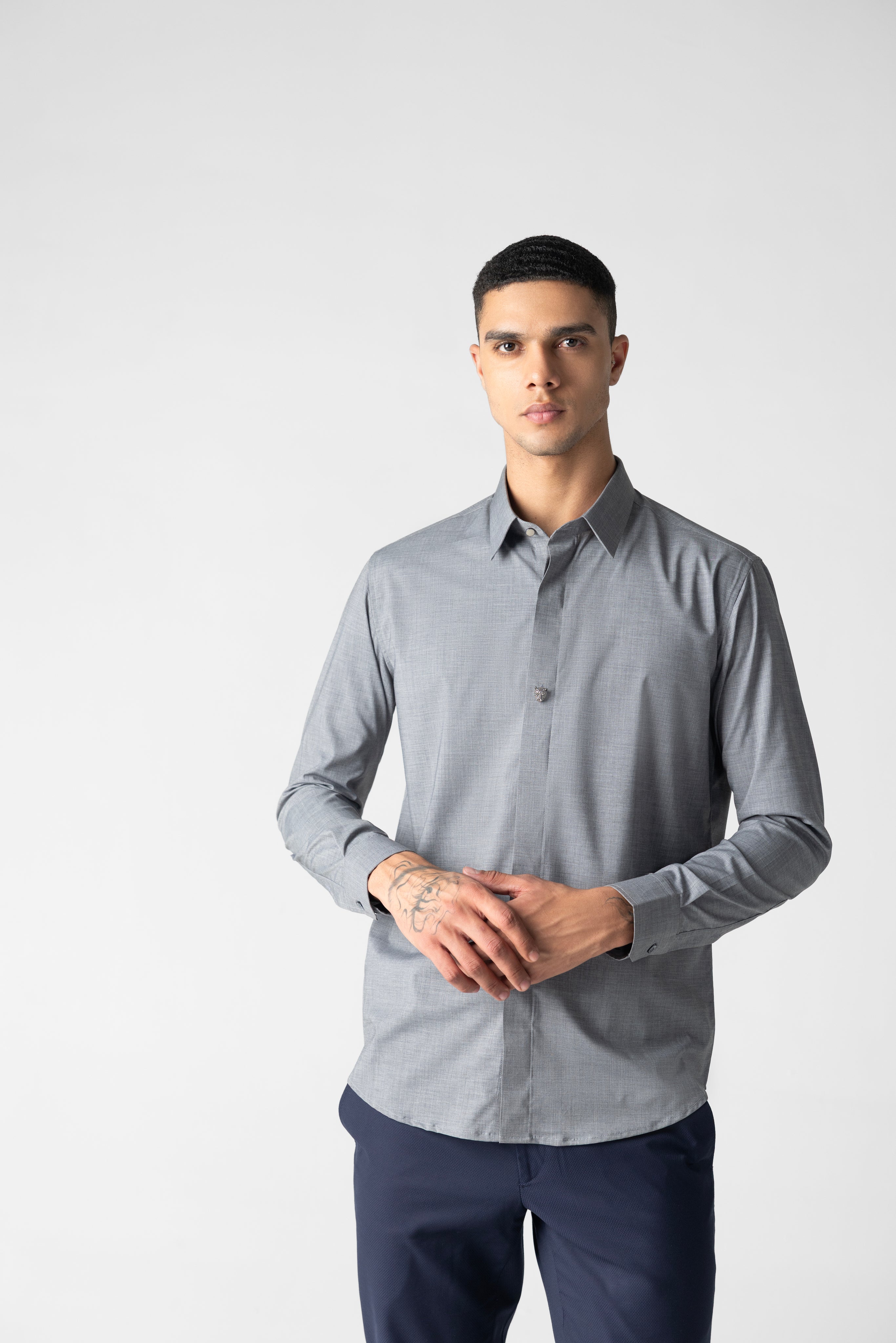 Grey hidden button placket shirt with leopard button detailing