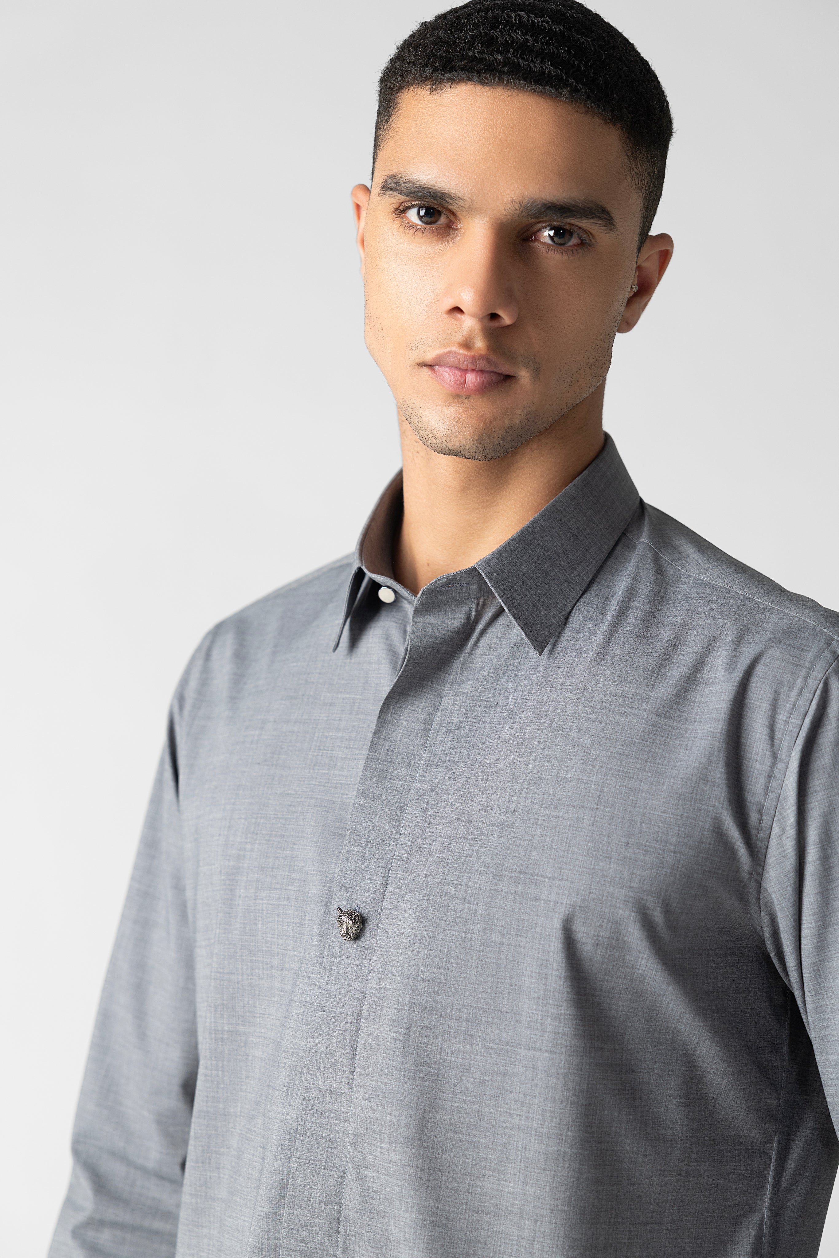 Grey hidden button placket shirt with leopard button detailing