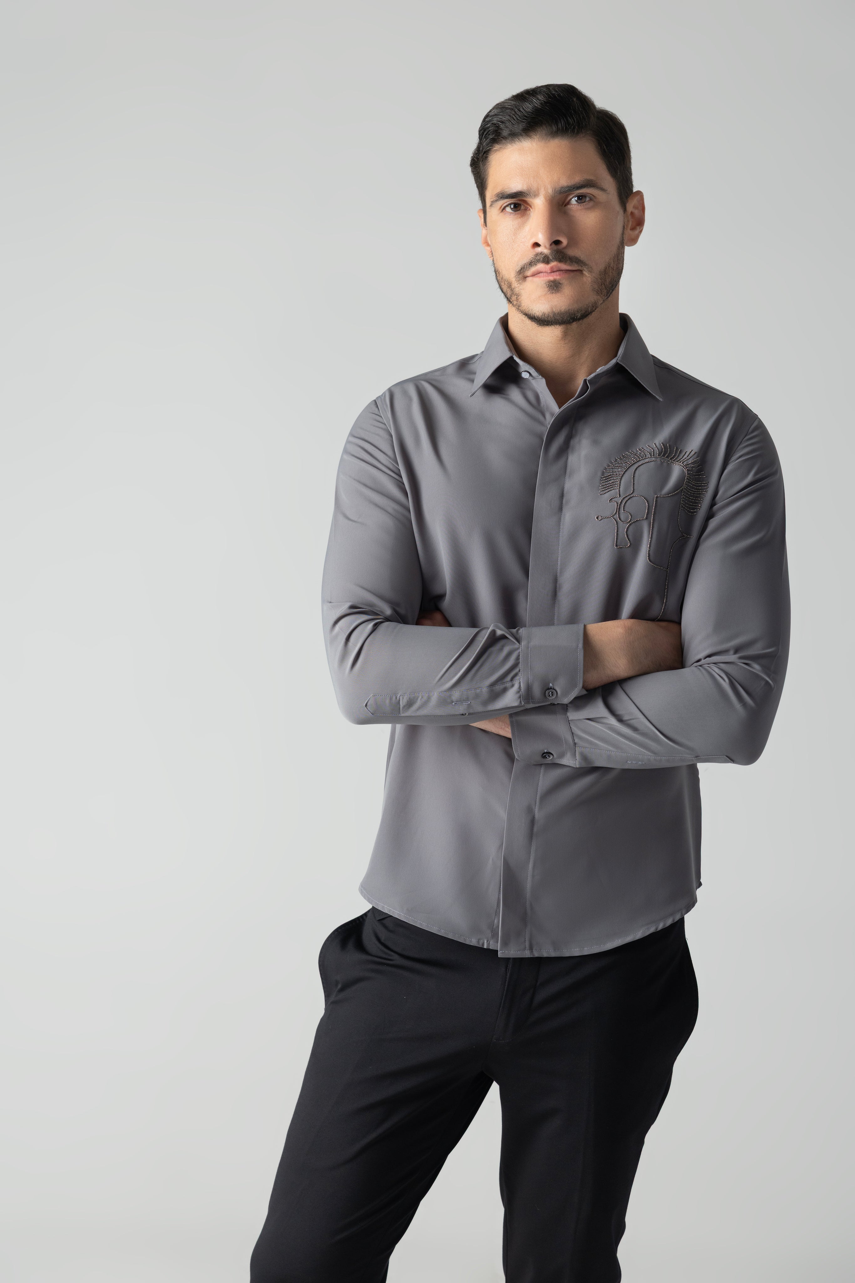 Grey shirt with abstract hand-embroidered metal motif