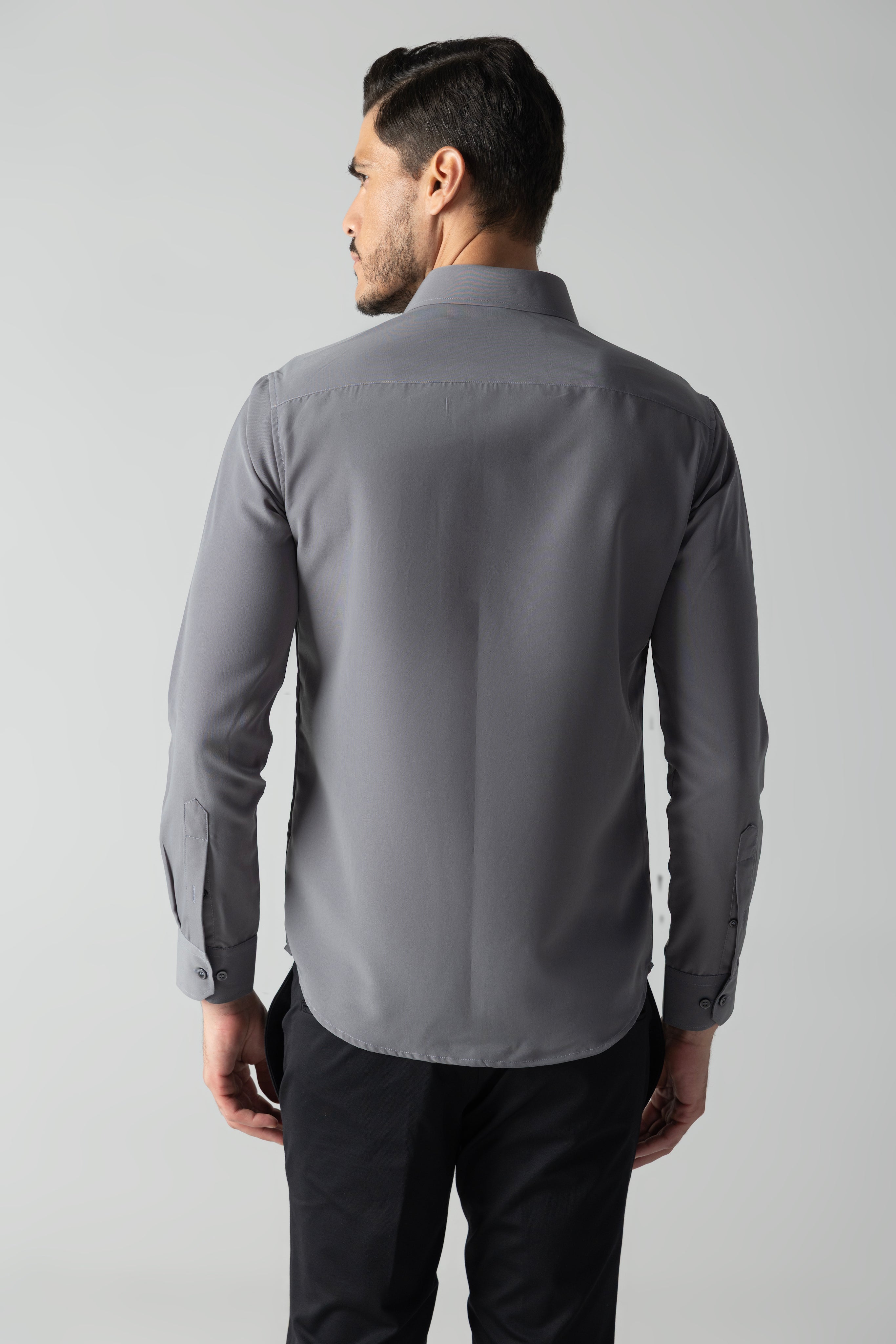 Grey shirt with abstract hand-embroidered metal motif