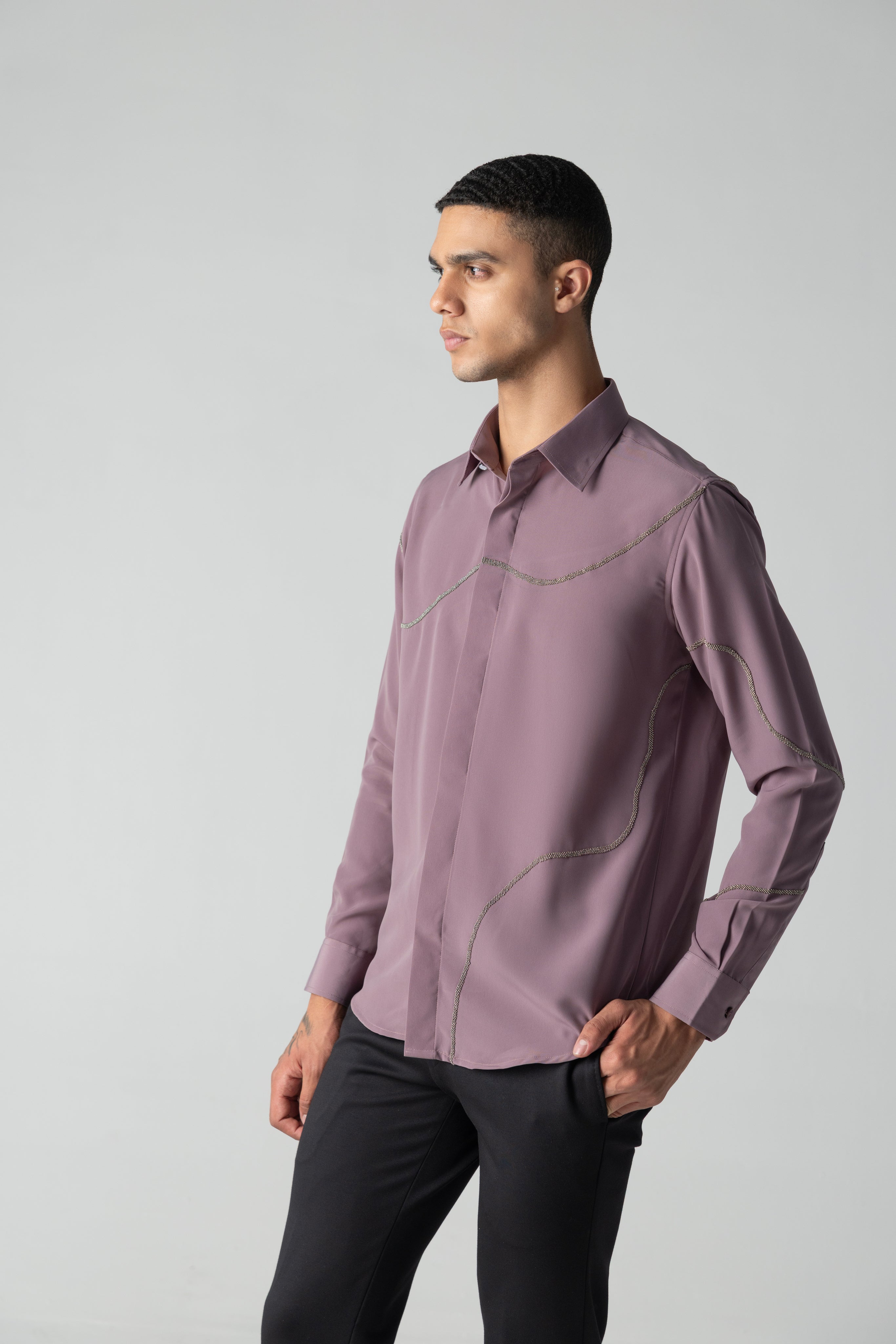 Mauve shirt with all-over abstract metallic hand-embroider