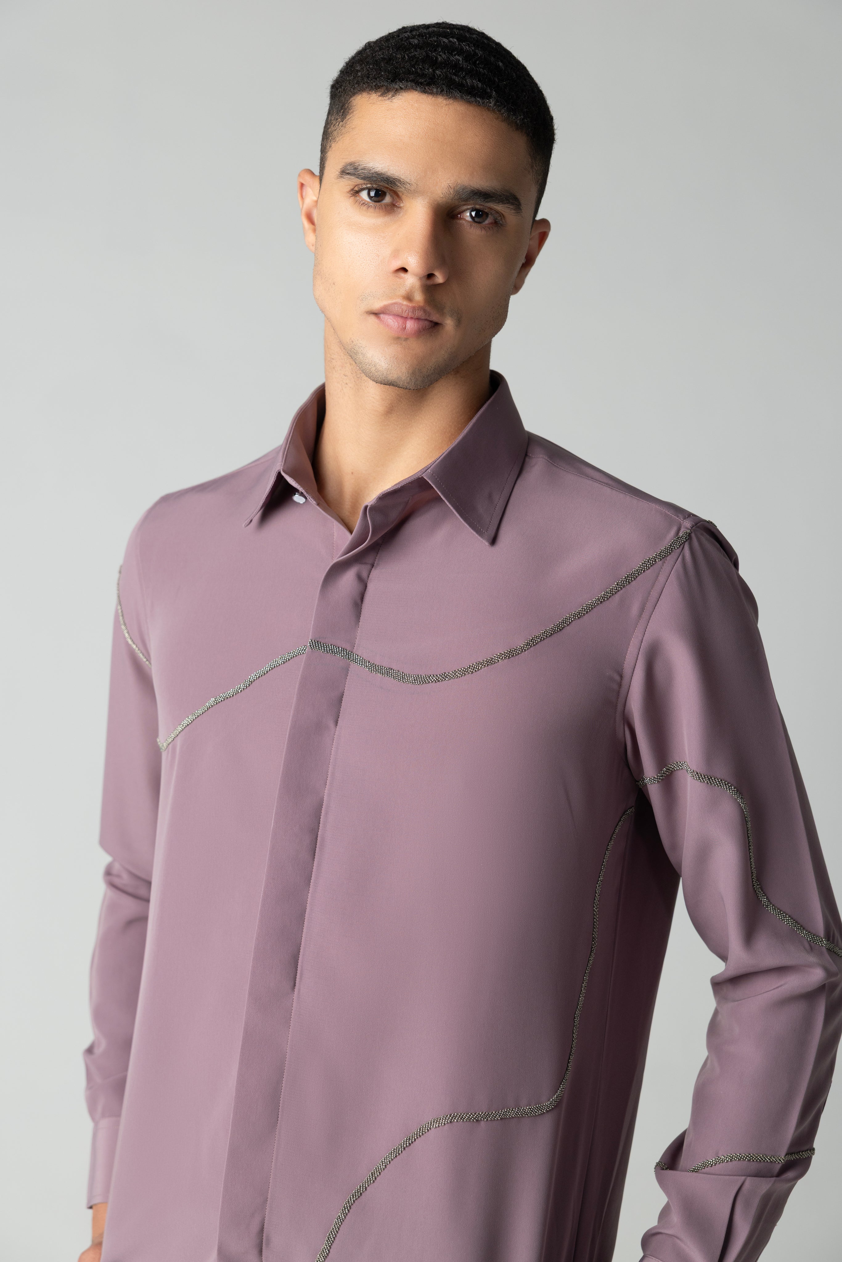 Mauve shirt with all-over abstract metallic hand-embroider
