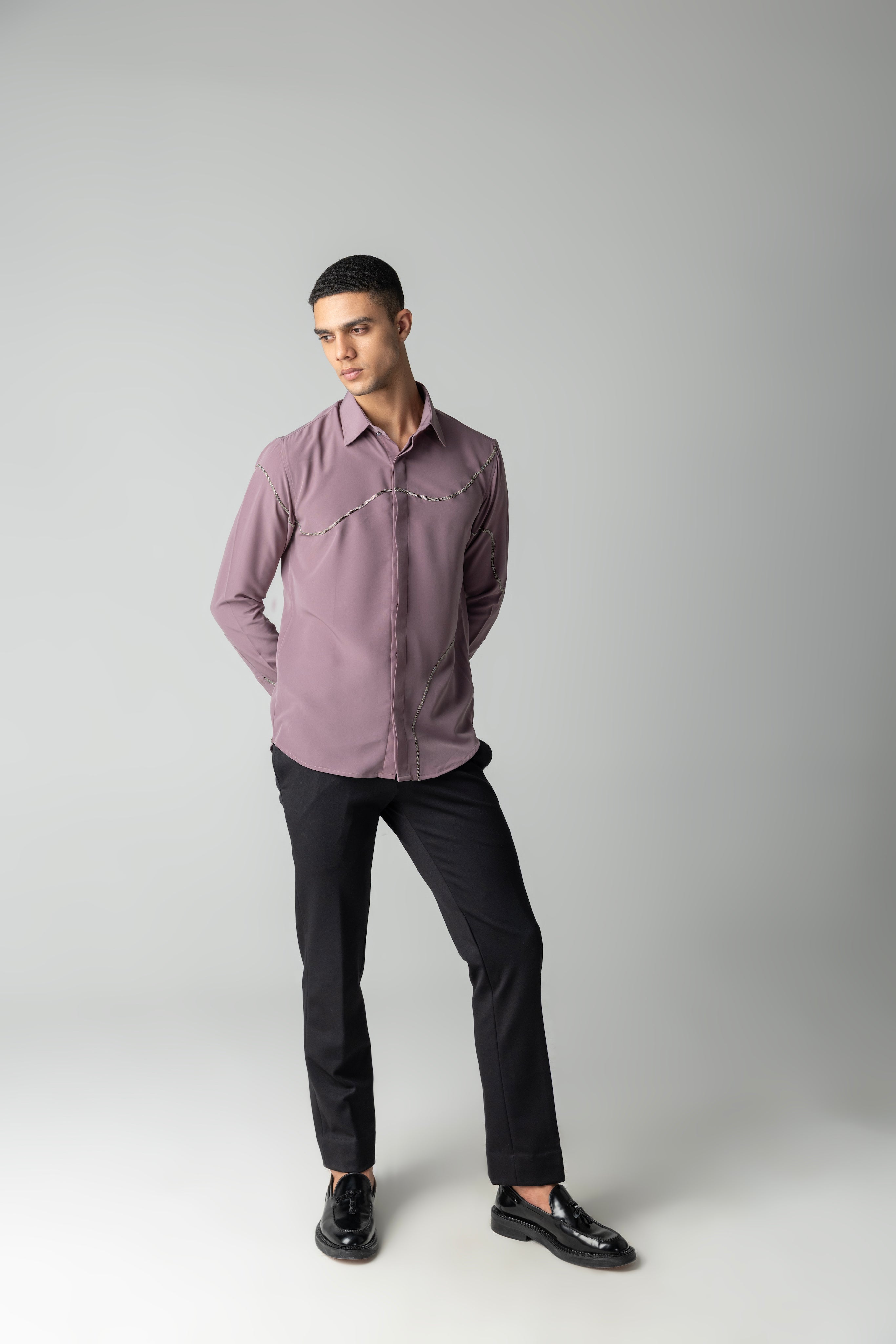 Mauve shirt with all-over abstract metallic hand-embroider