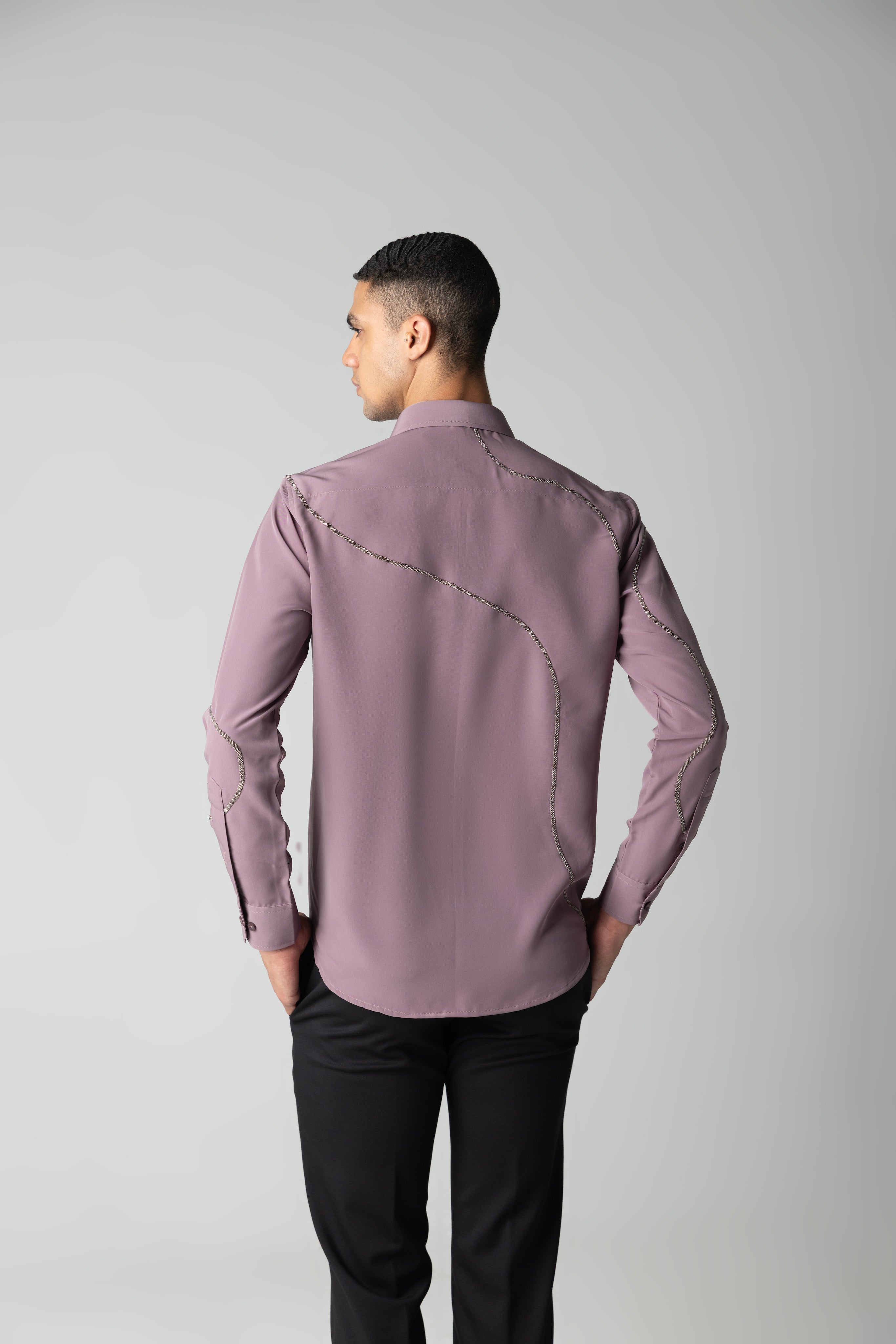 Mauve shirt with all-over abstract metallic hand-embroider