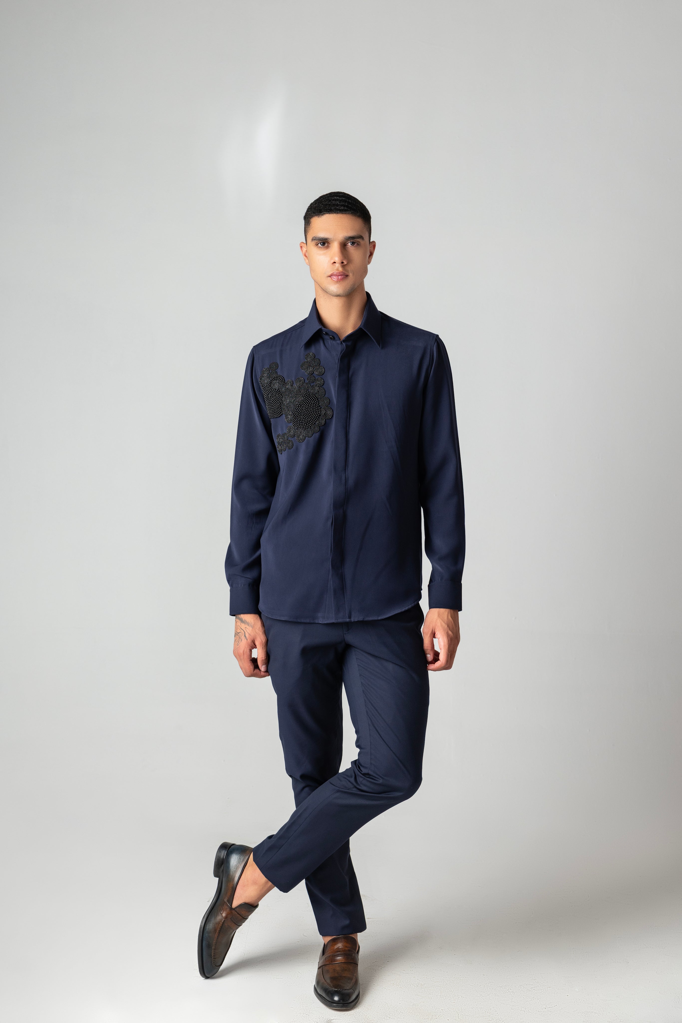 Navy blue shirt with hand-embroidered black pearl & beads cluster