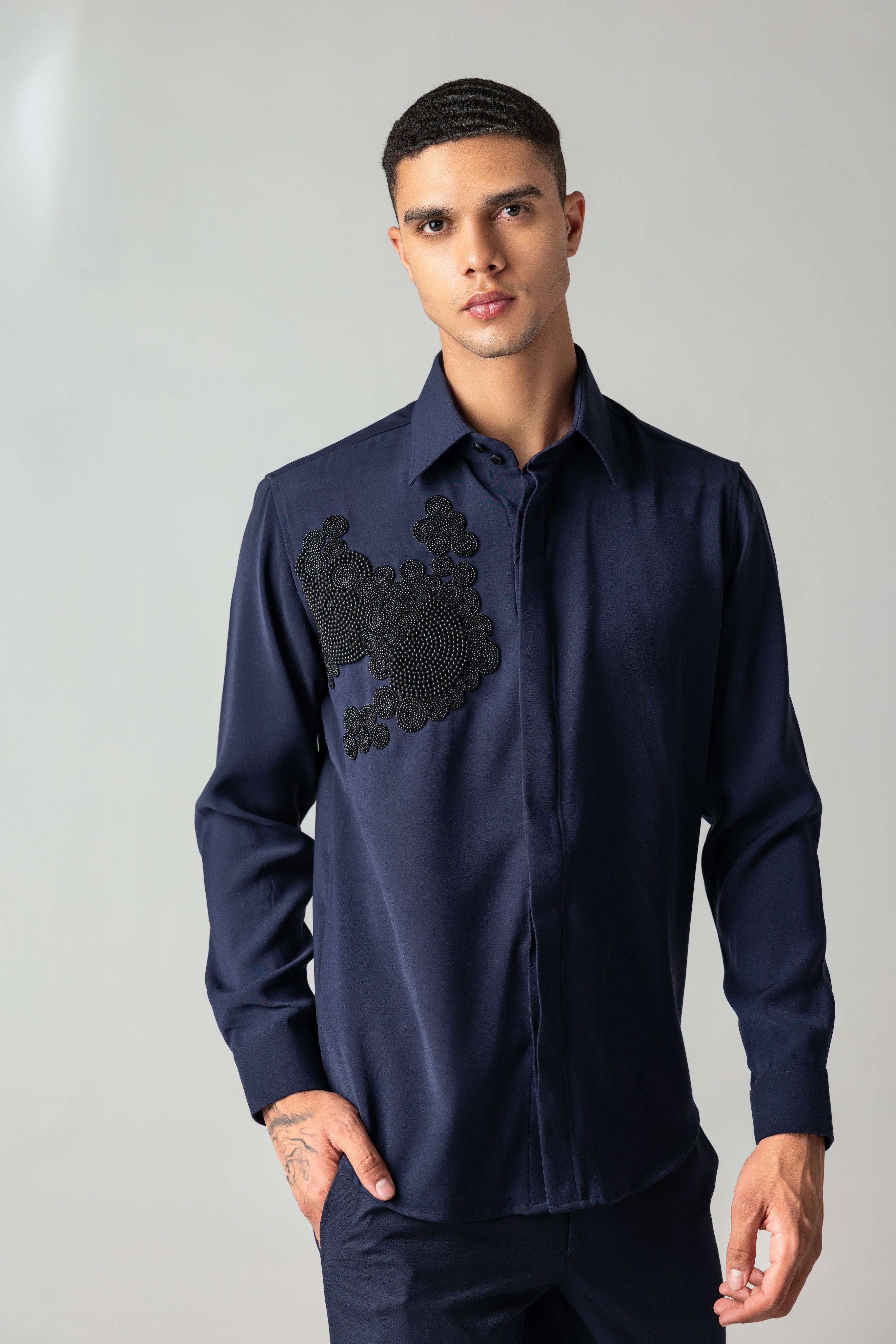 Navy blue shirt with hand-embroidered black pearl & beads cluster