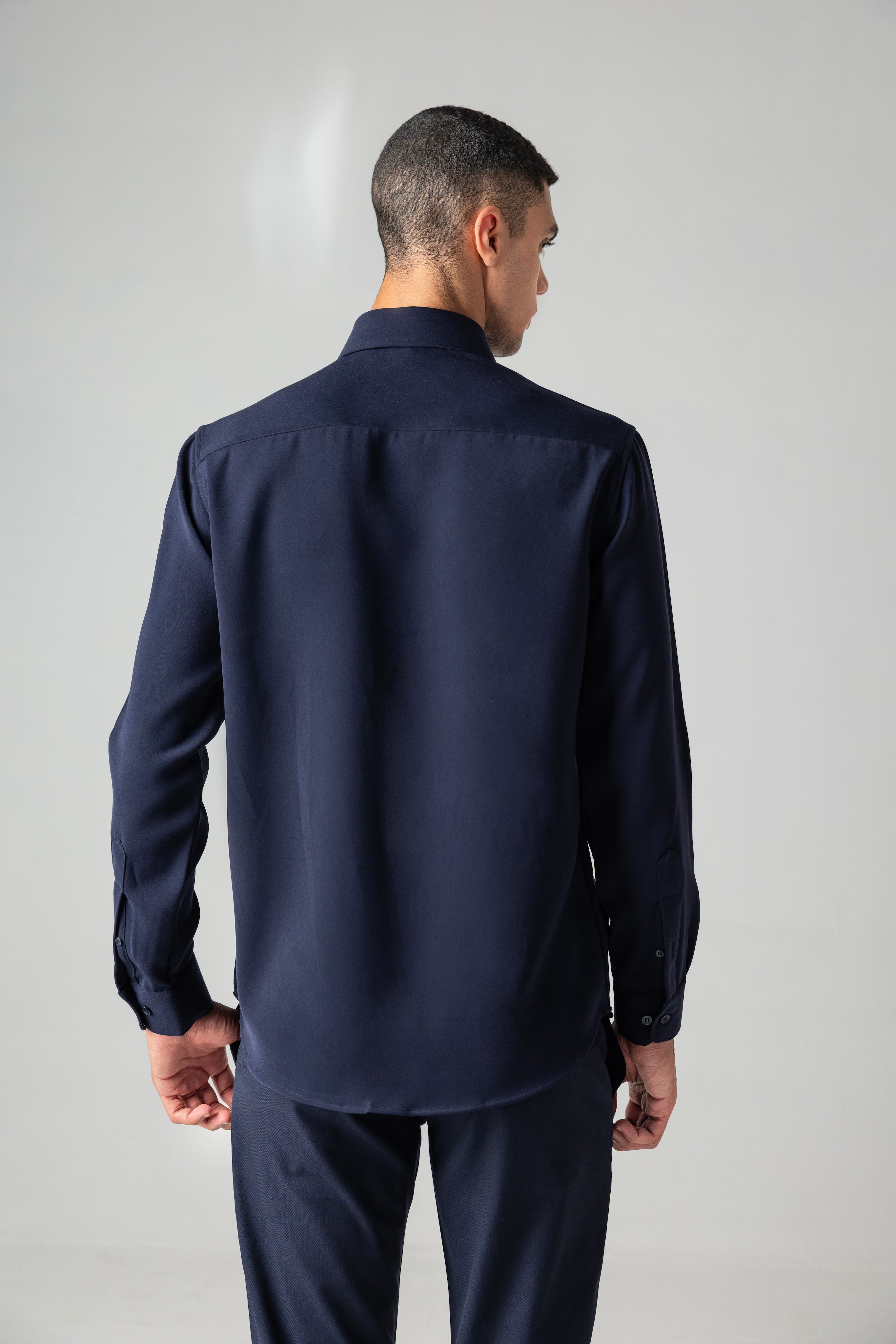 Navy blue shirt with hand-embroidered black pearl & beads cluster