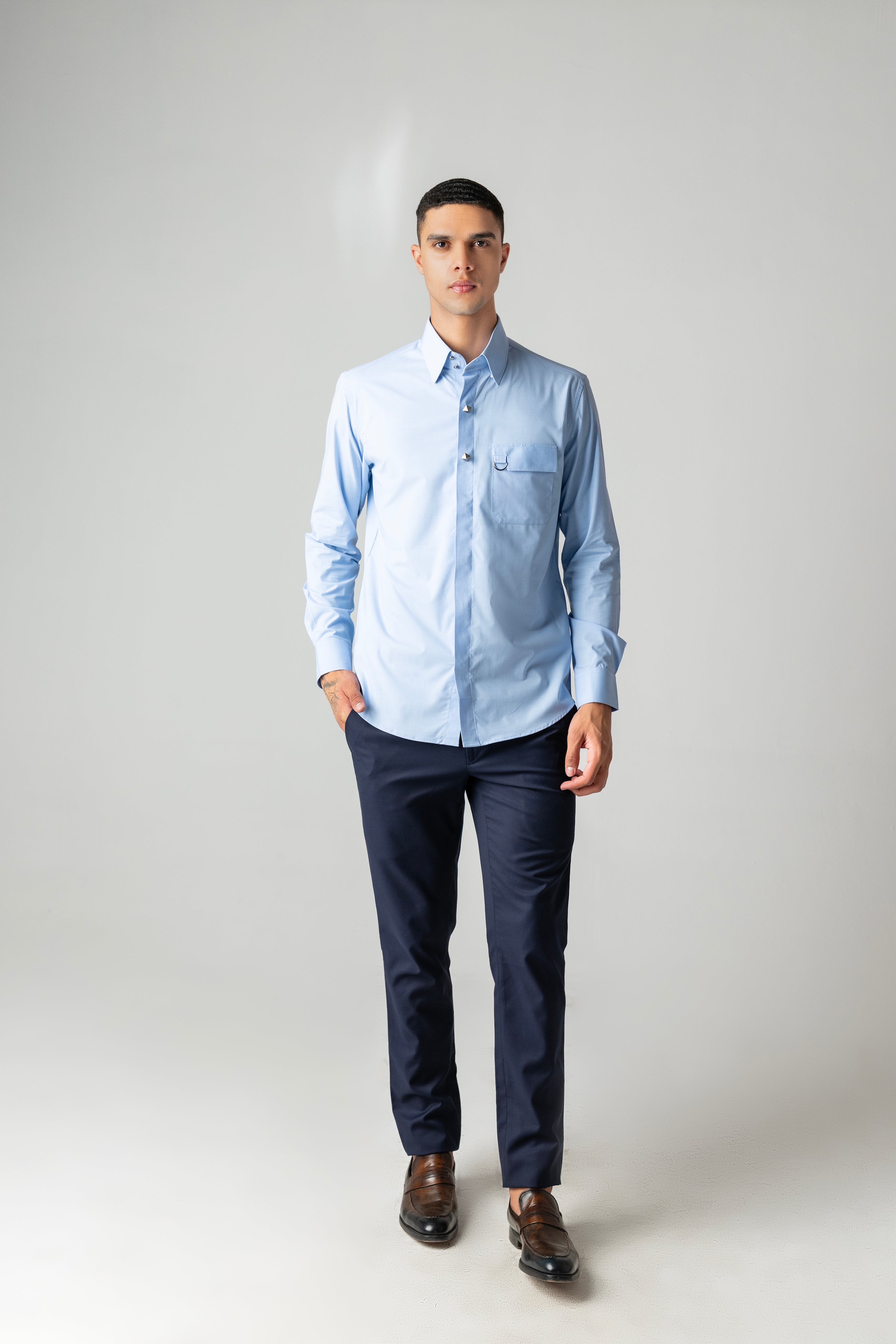 Sky blue with metallic buttons, patch pocket & buckle detailing
