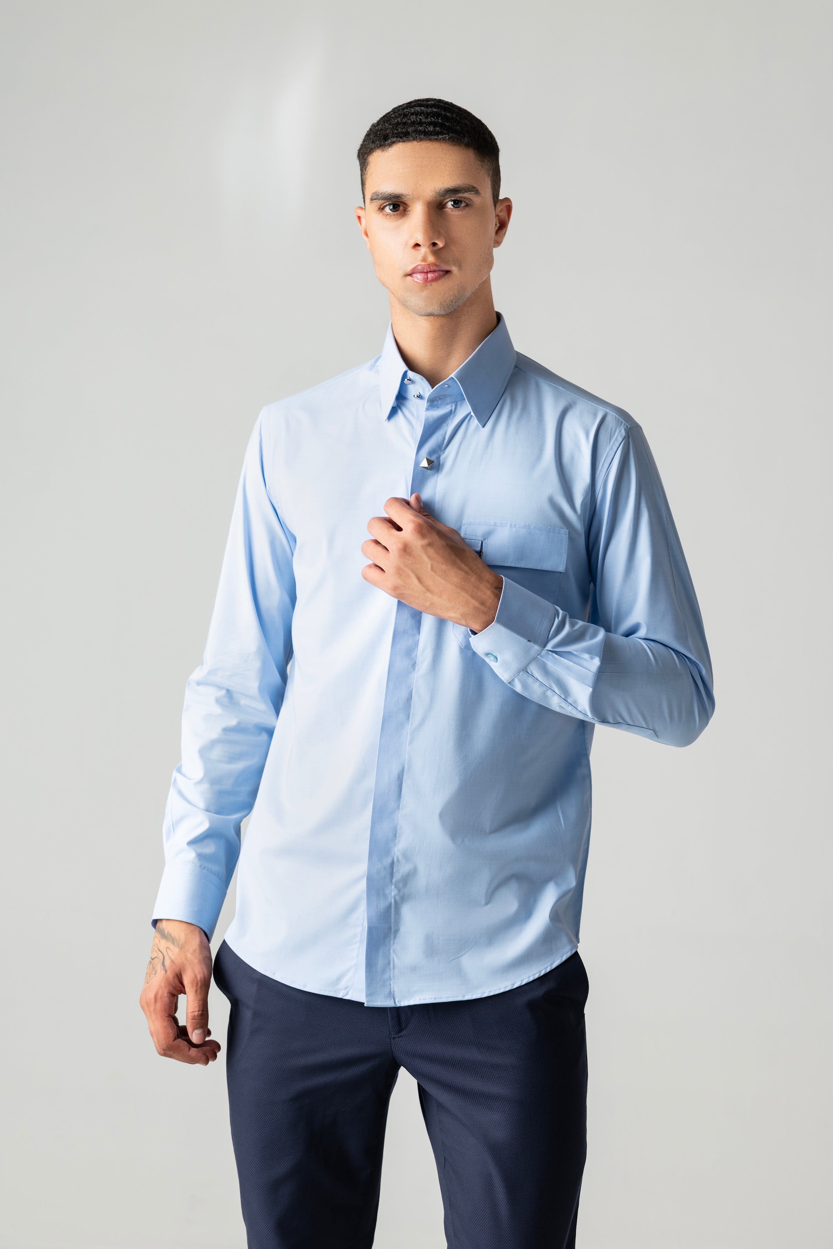 Sky blue with metallic buttons, patch pocket & buckle detailing