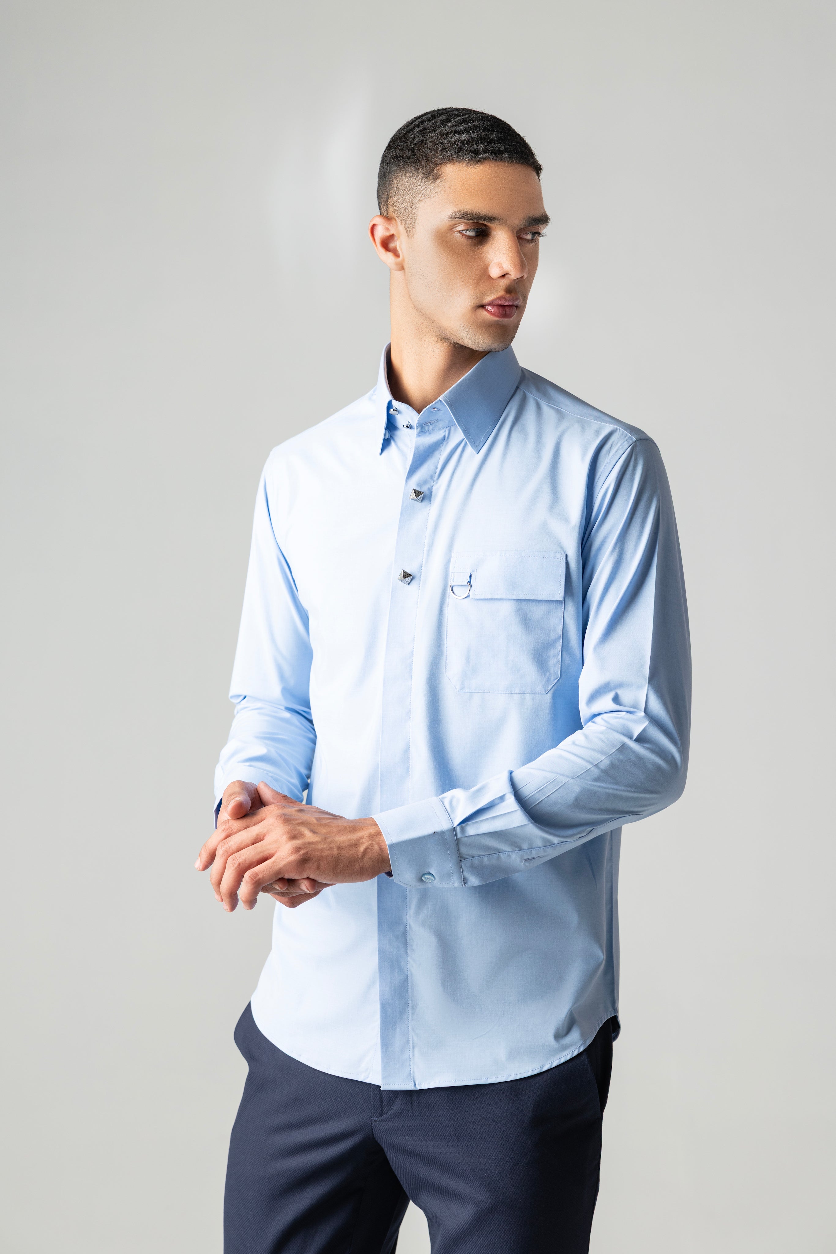 Sky blue with metallic buttons, patch pocket & buckle detailing