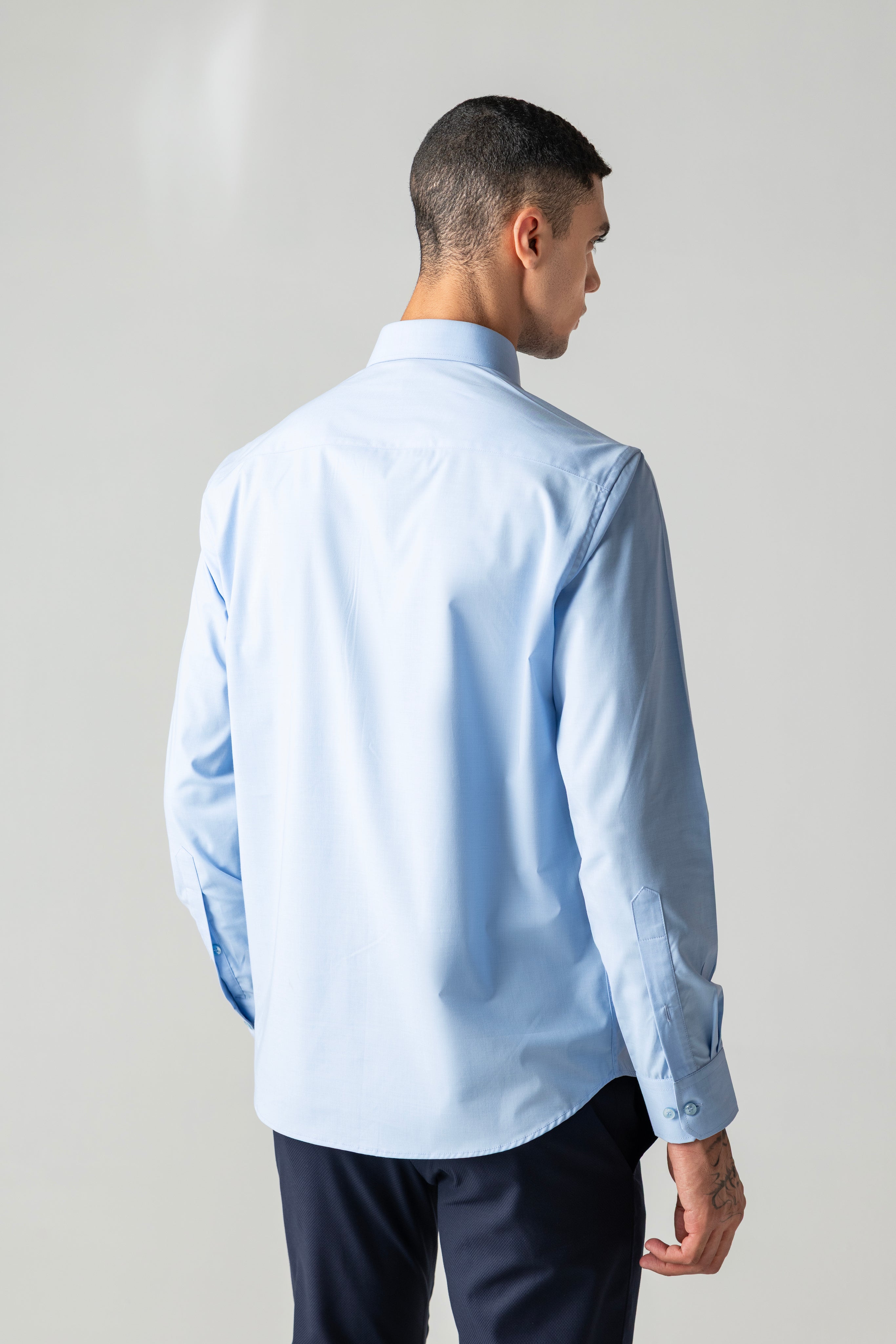 Sky blue with metallic buttons, patch pocket & buckle detailing