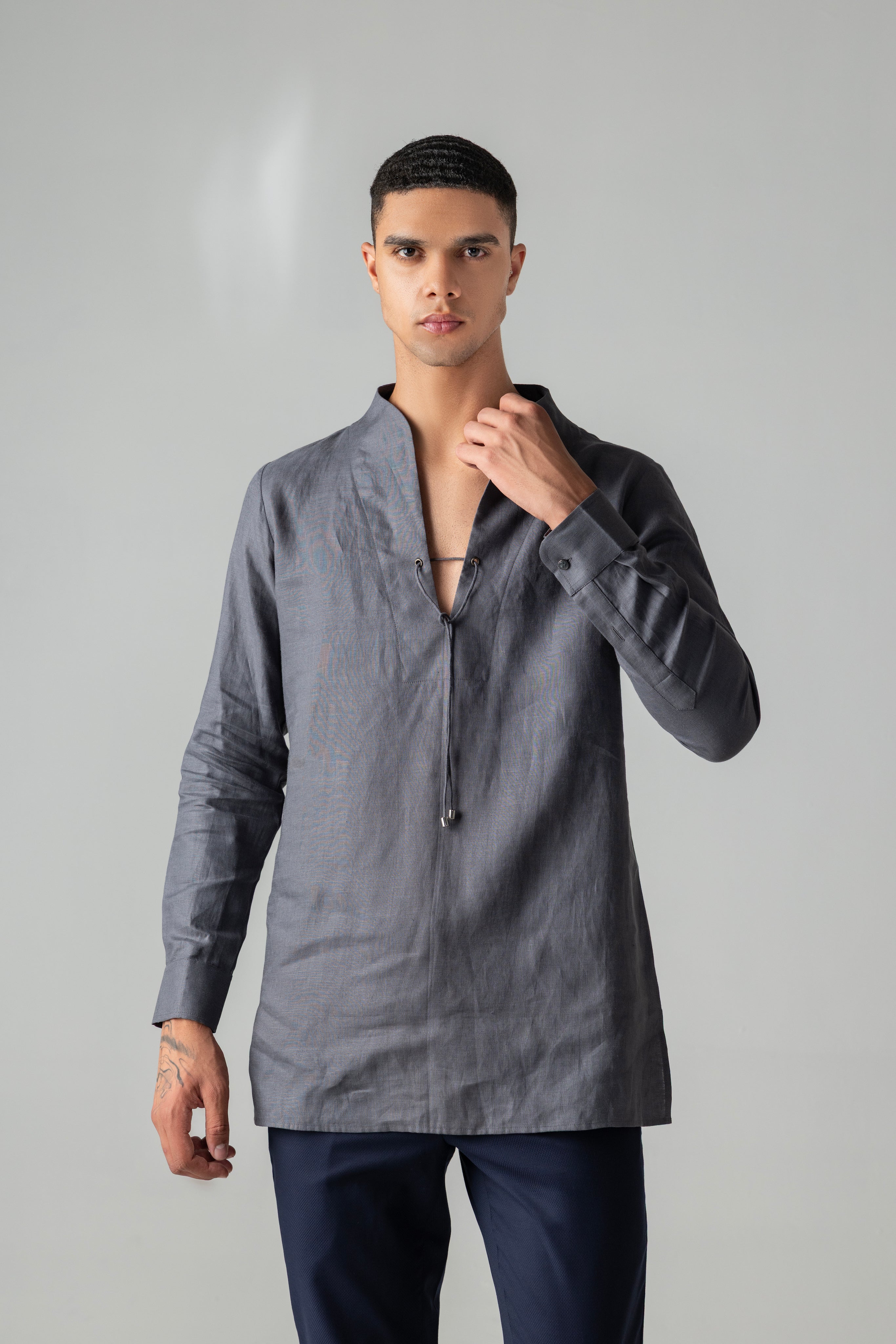 Grey linen deep neck short kurta style shirt with drawstring detailing