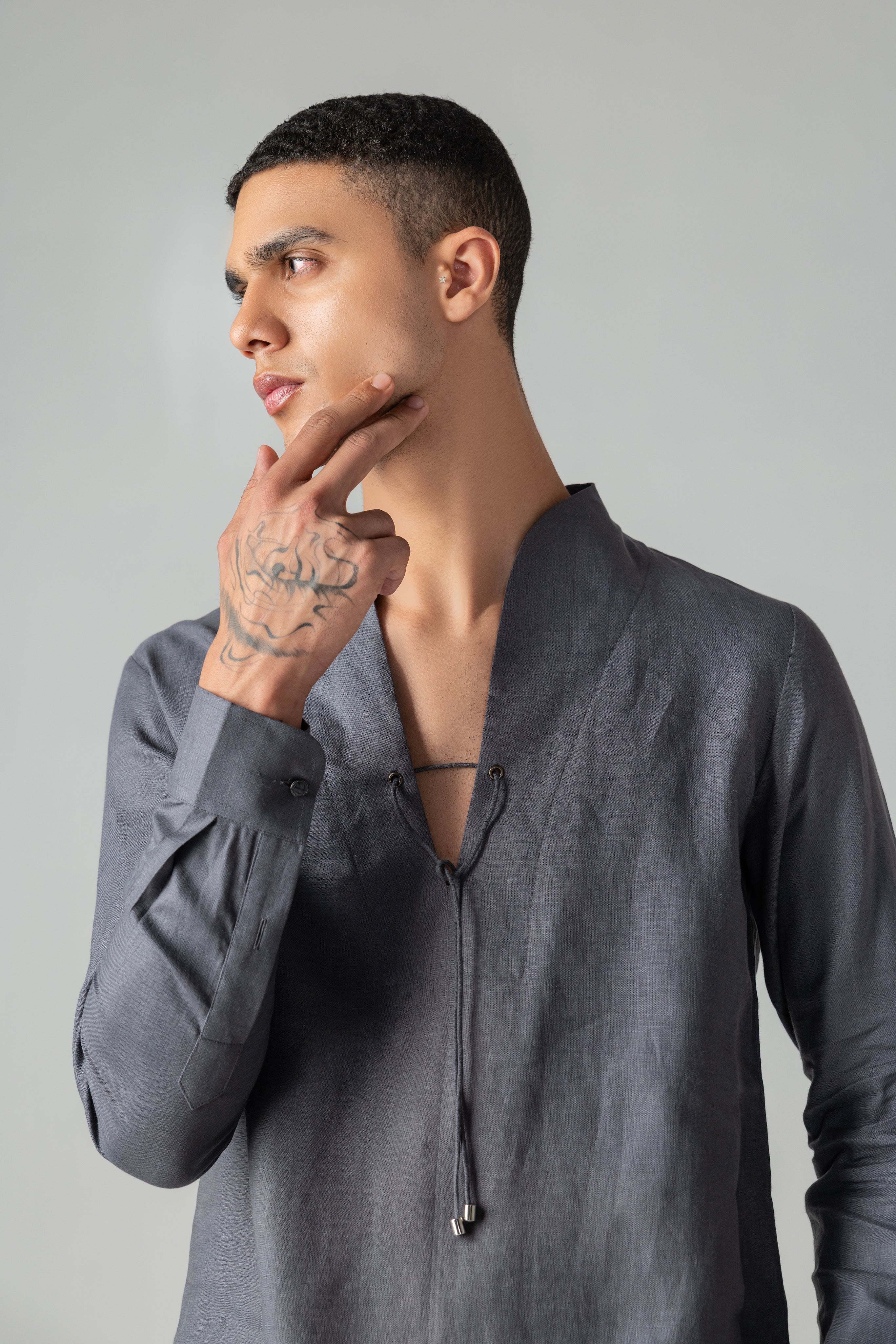 Grey linen deep neck short kurta style shirt with drawstring detailing