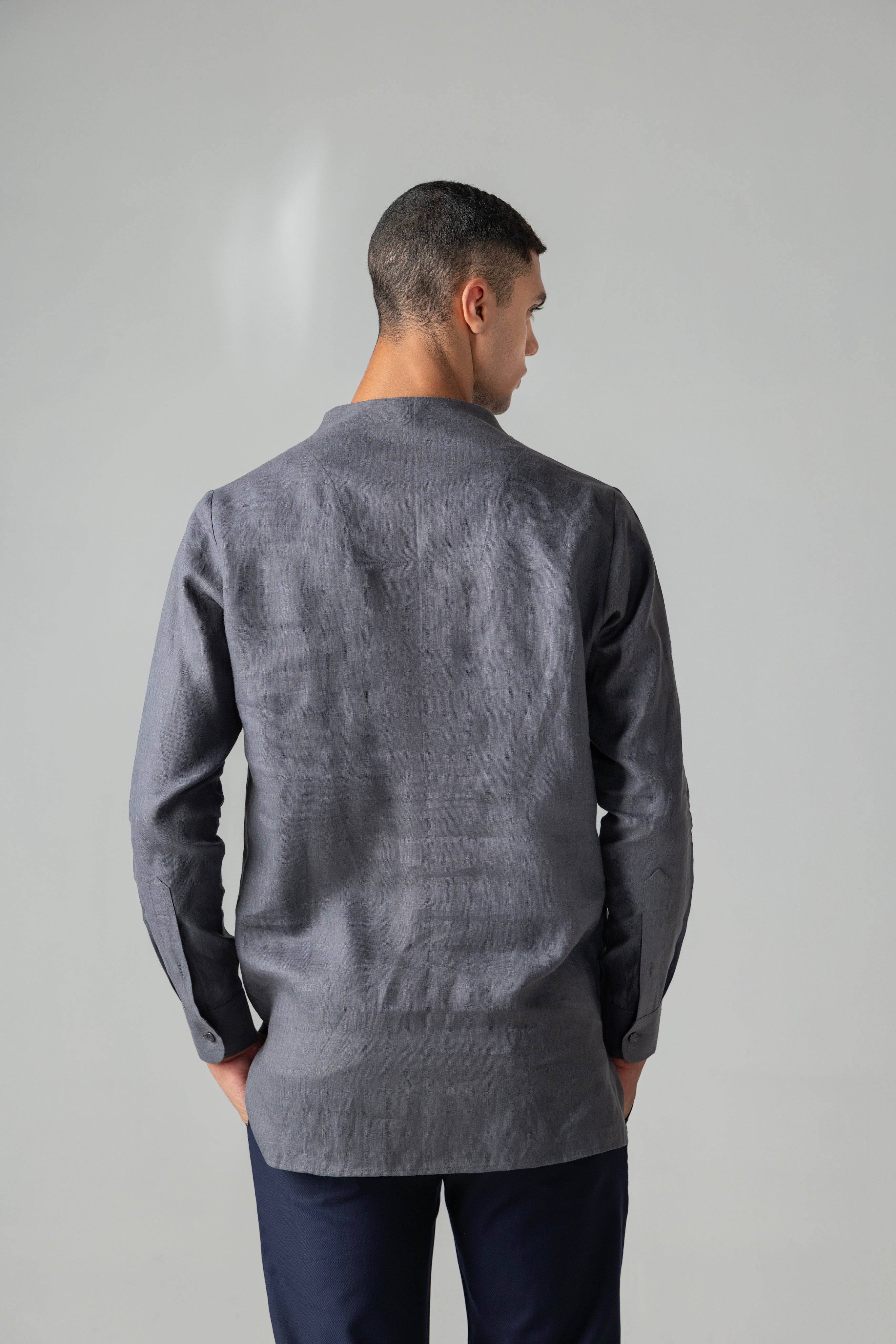 Grey linen deep neck short kurta style shirt with drawstring detailing
