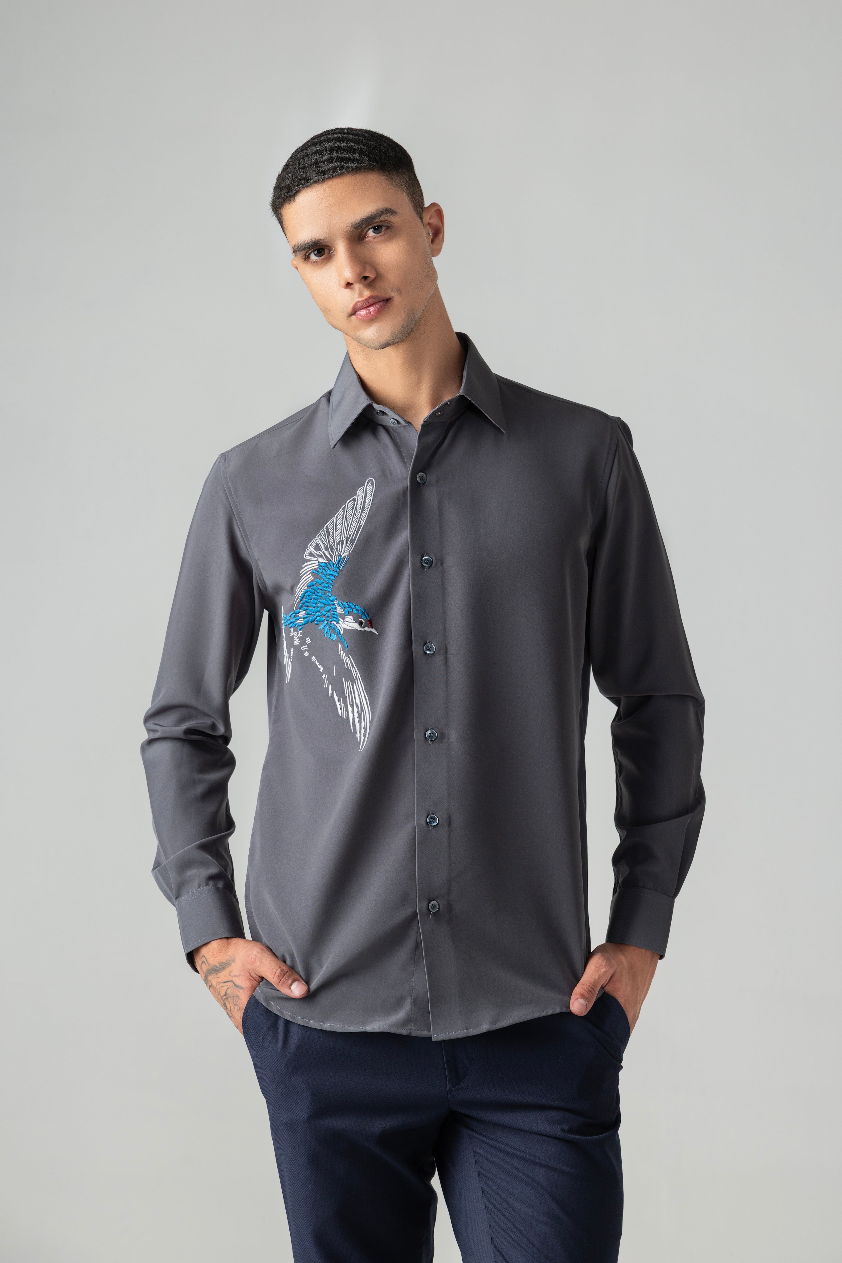 Dark grey shirt with embroidered Bird motif