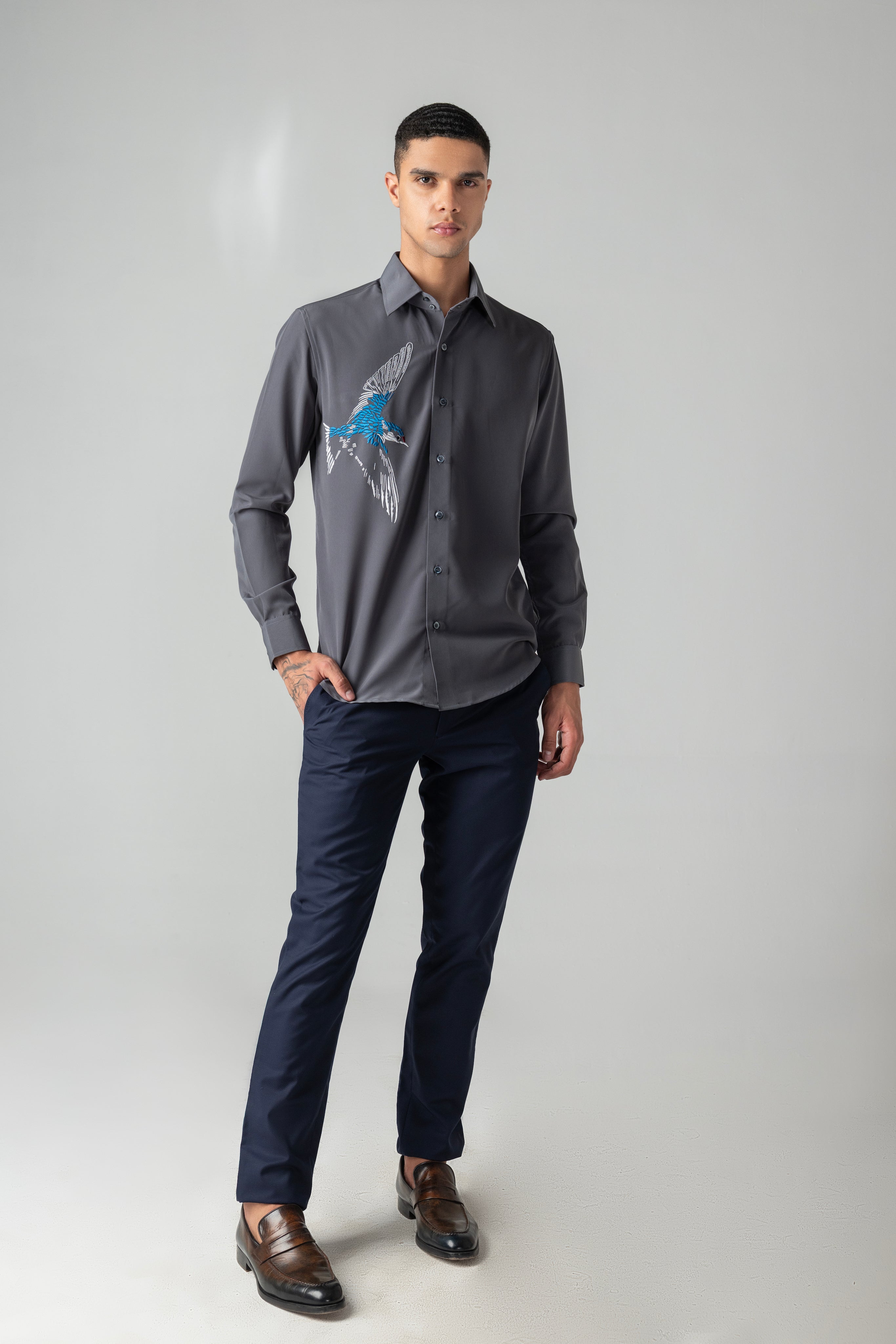 Dark grey shirt with embroidered Bird motif
