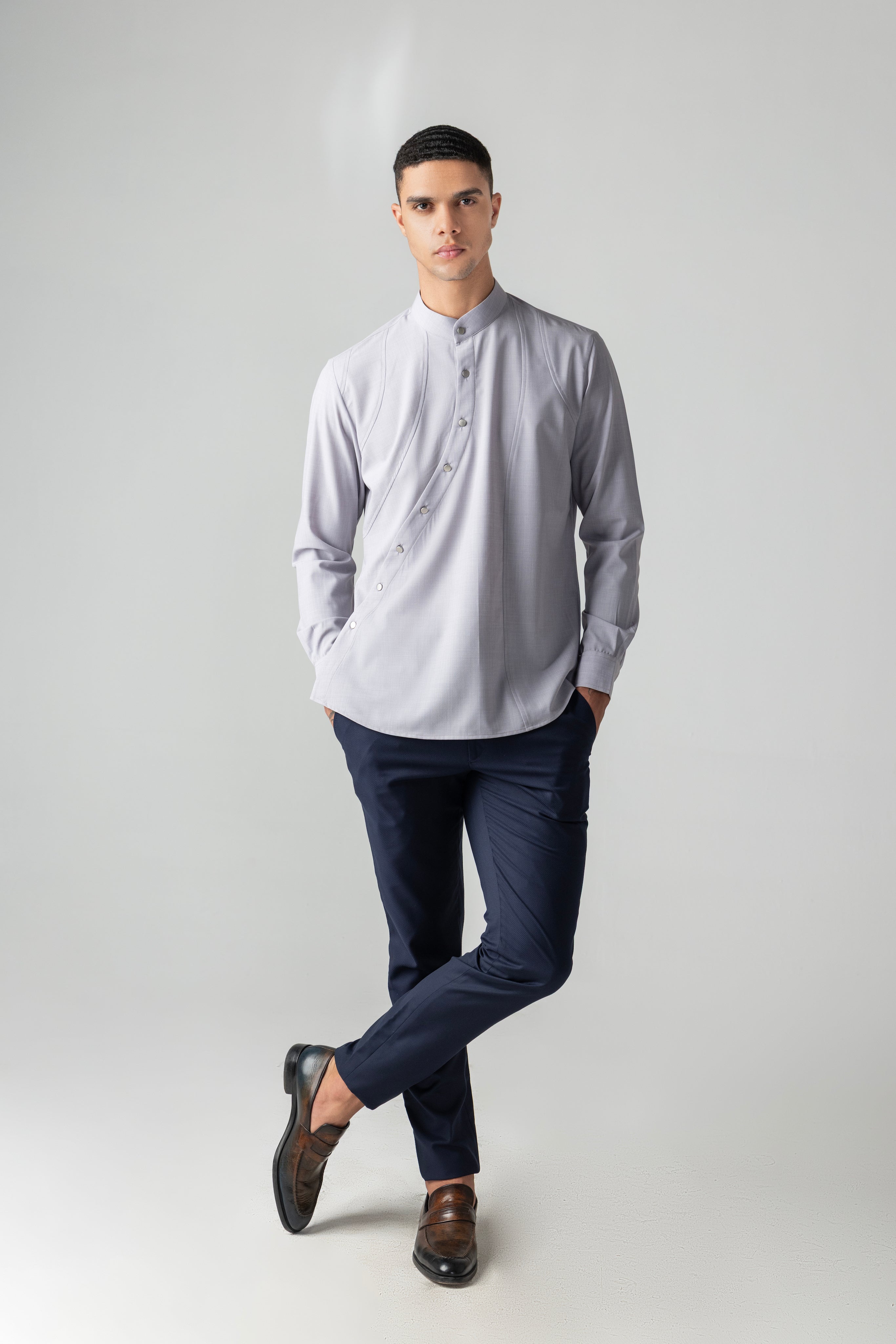 Grey shirt with asymmetrical buttons & yoke detailing