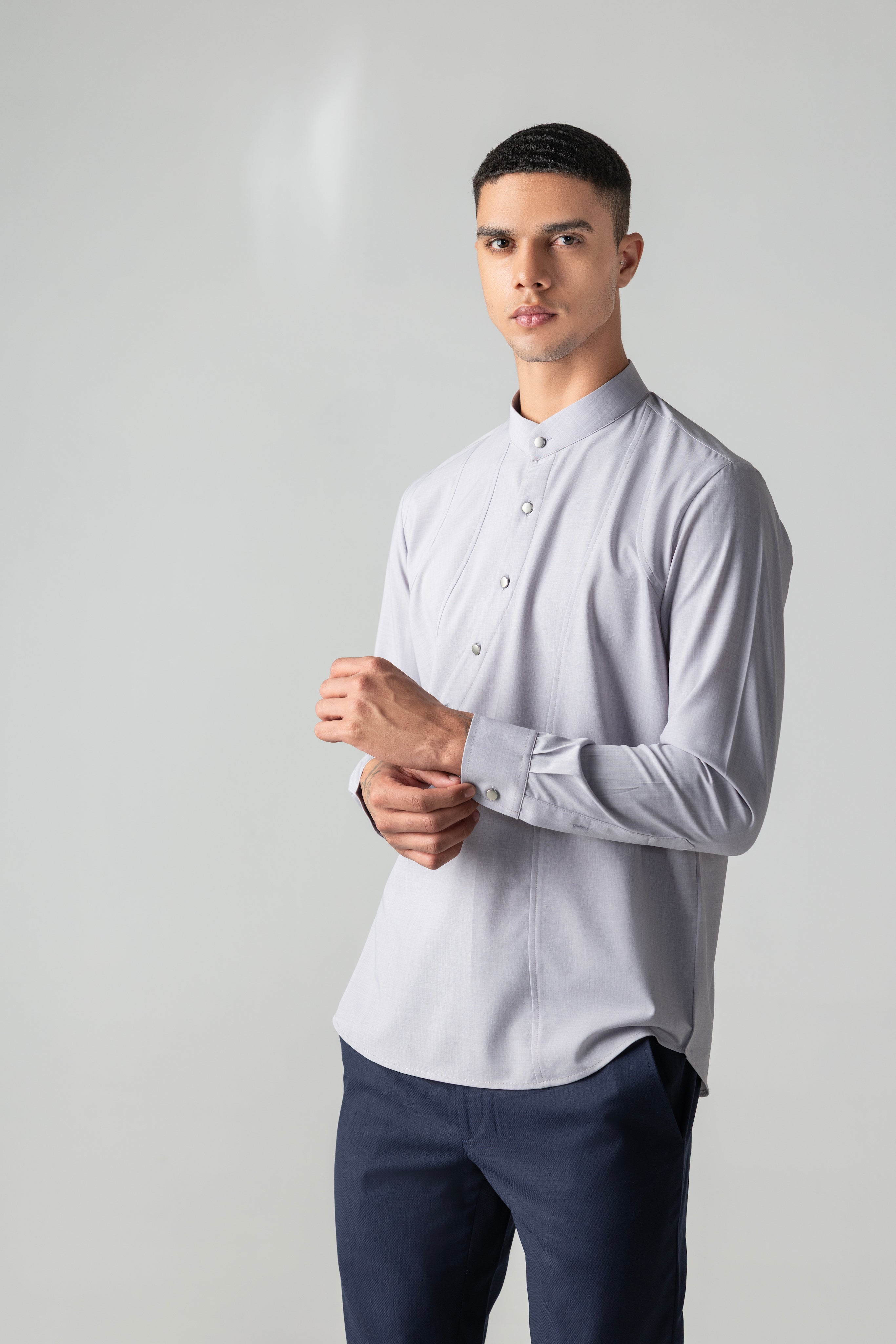 Grey shirt with asymmetrical buttons & yoke detailing