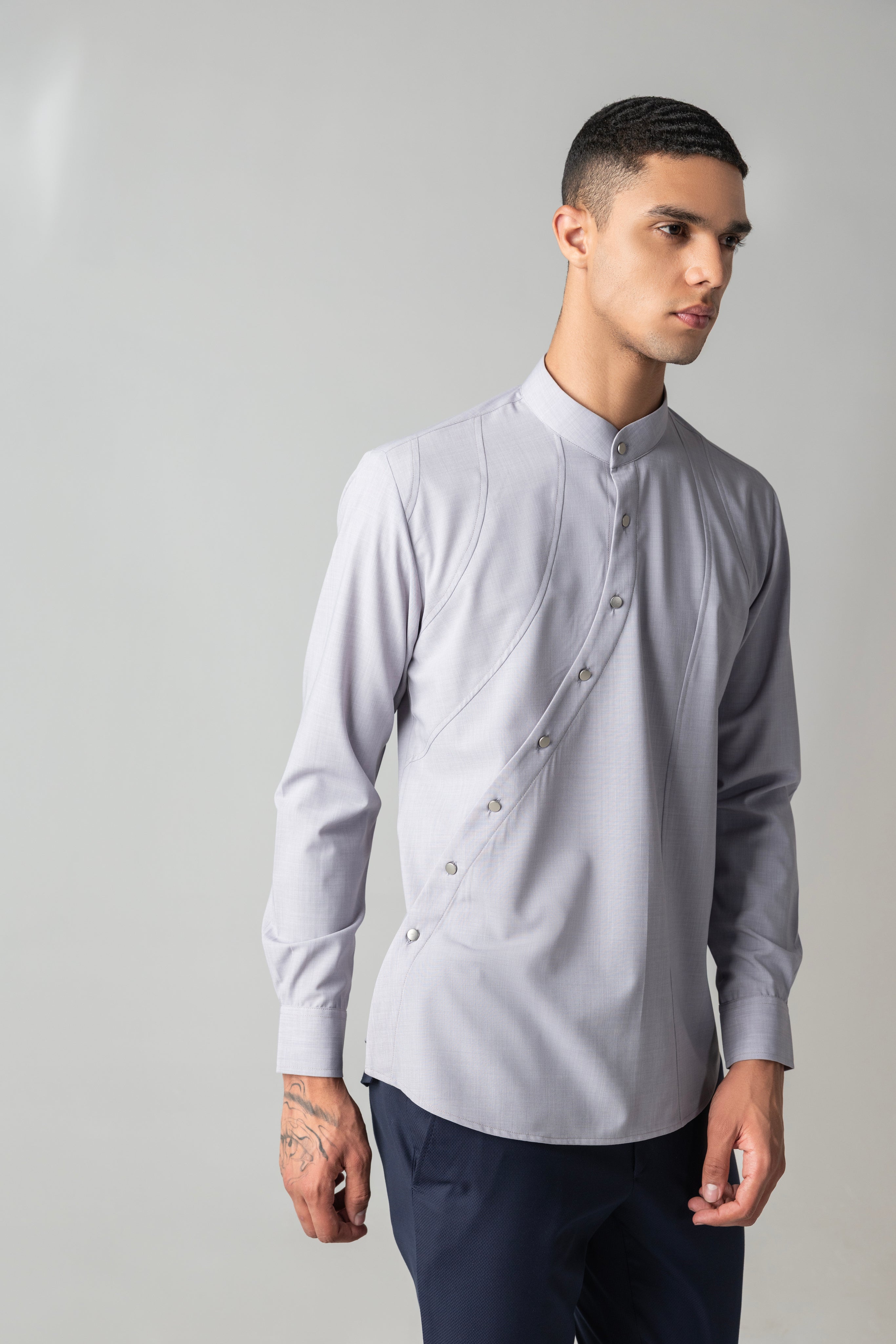 Grey shirt with asymmetrical buttons & yoke detailing