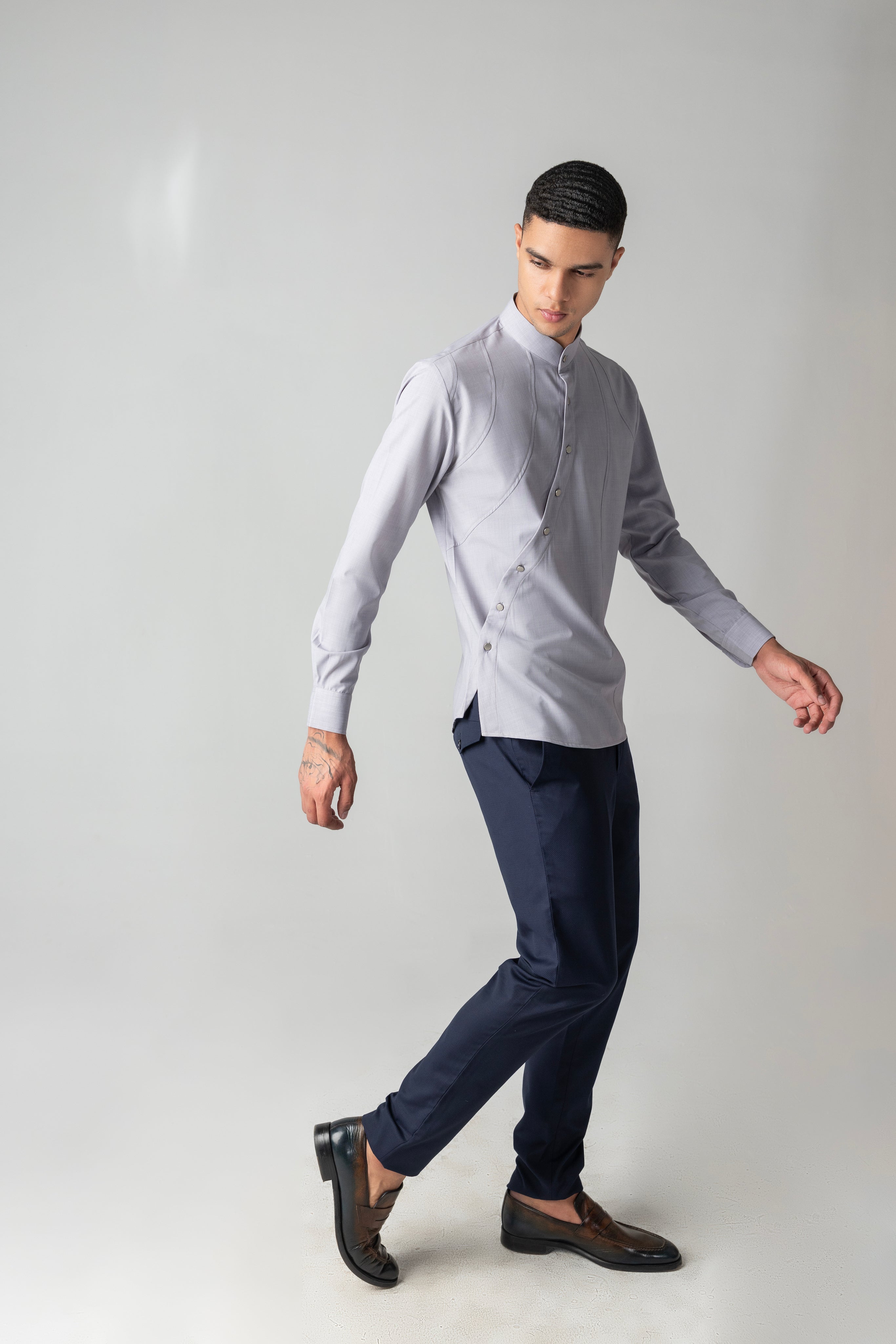 Grey shirt with asymmetrical buttons & yoke detailing
