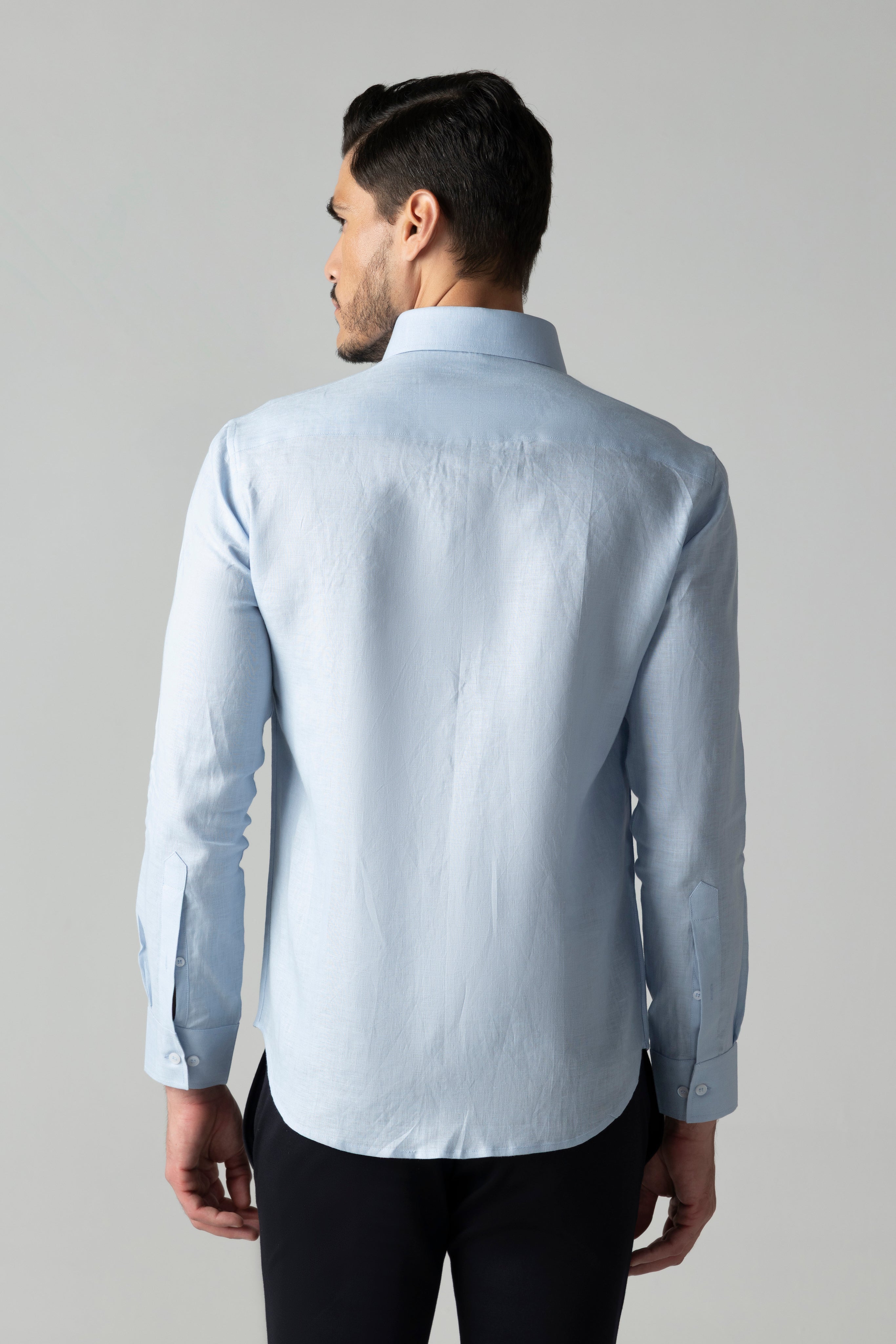 Sky blue linen shirt with embroidered floral motif