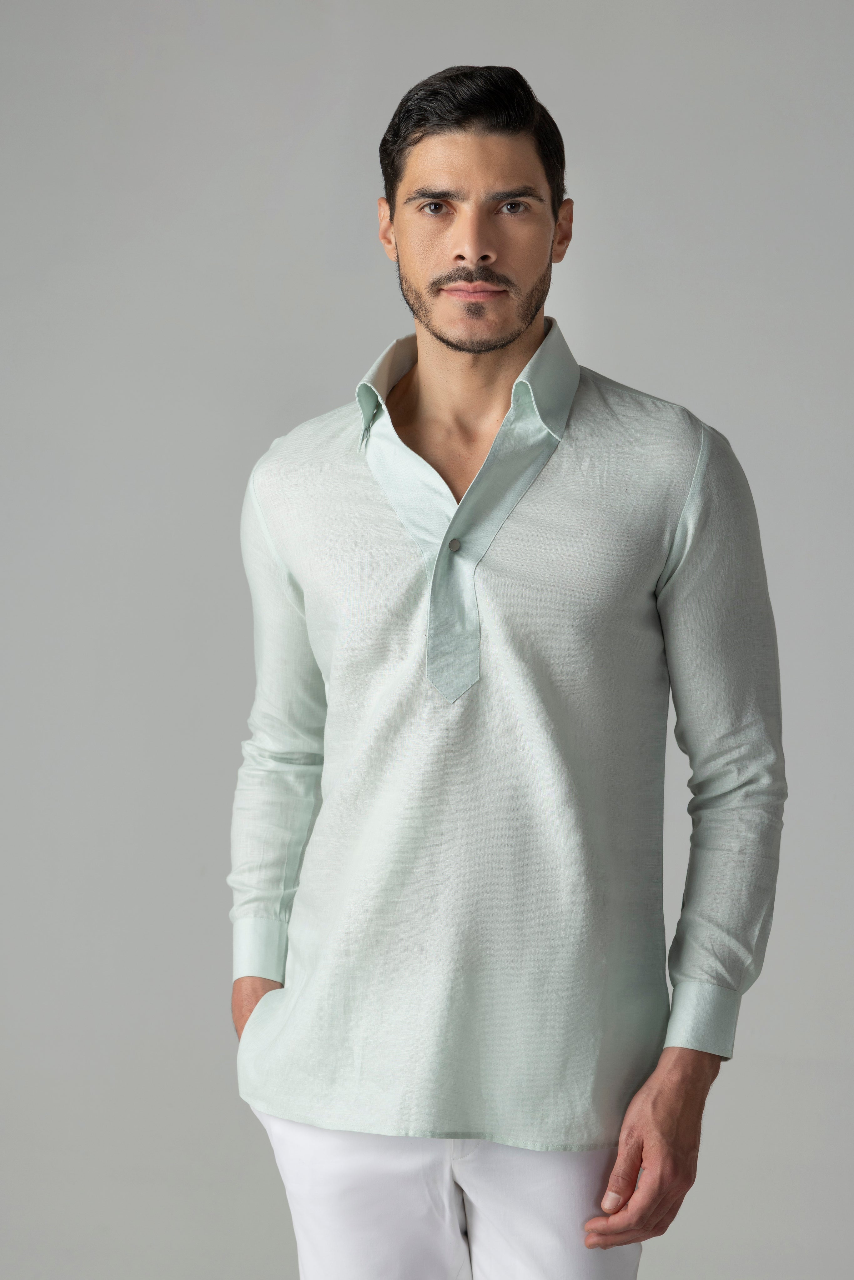 Mint green linen kurta placket style shirt with single button