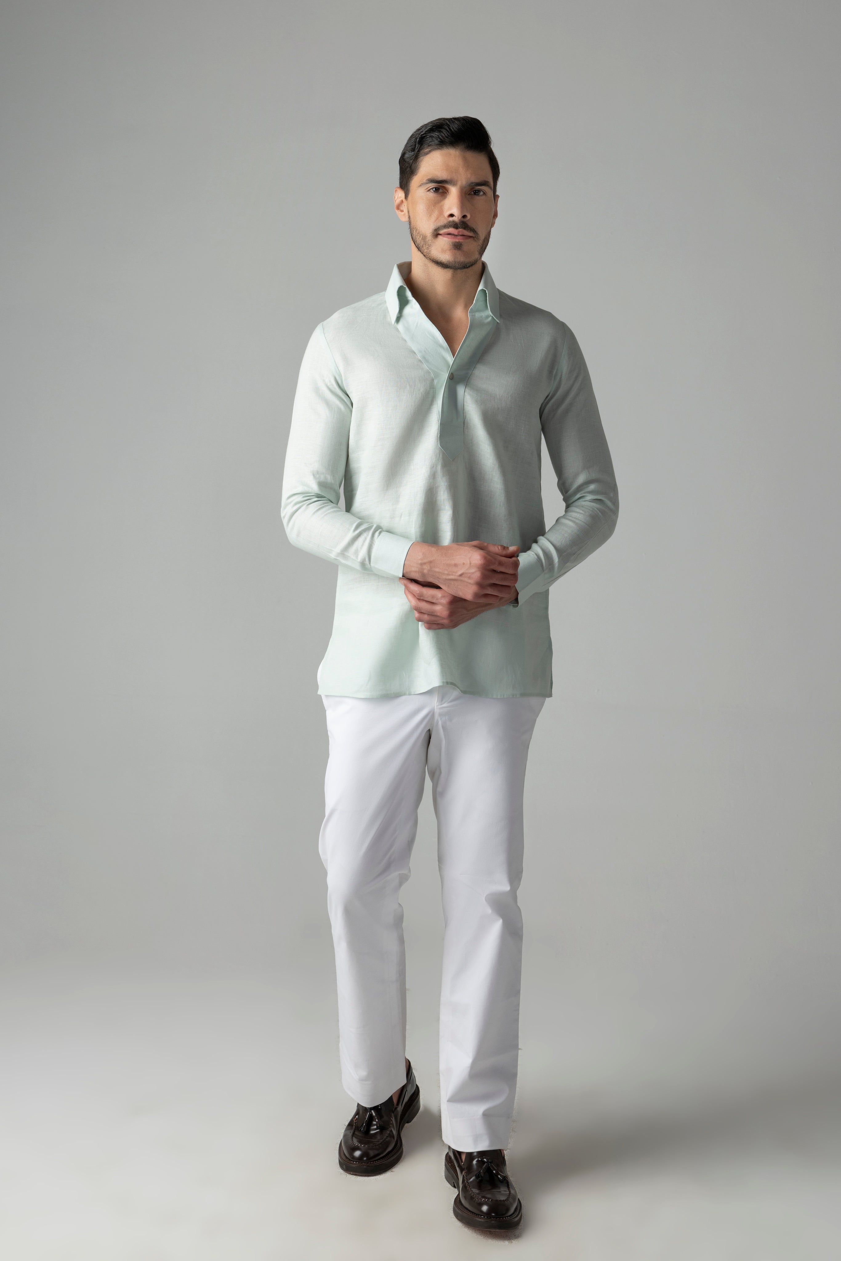 Mint green linen kurta placket style shirt with single button