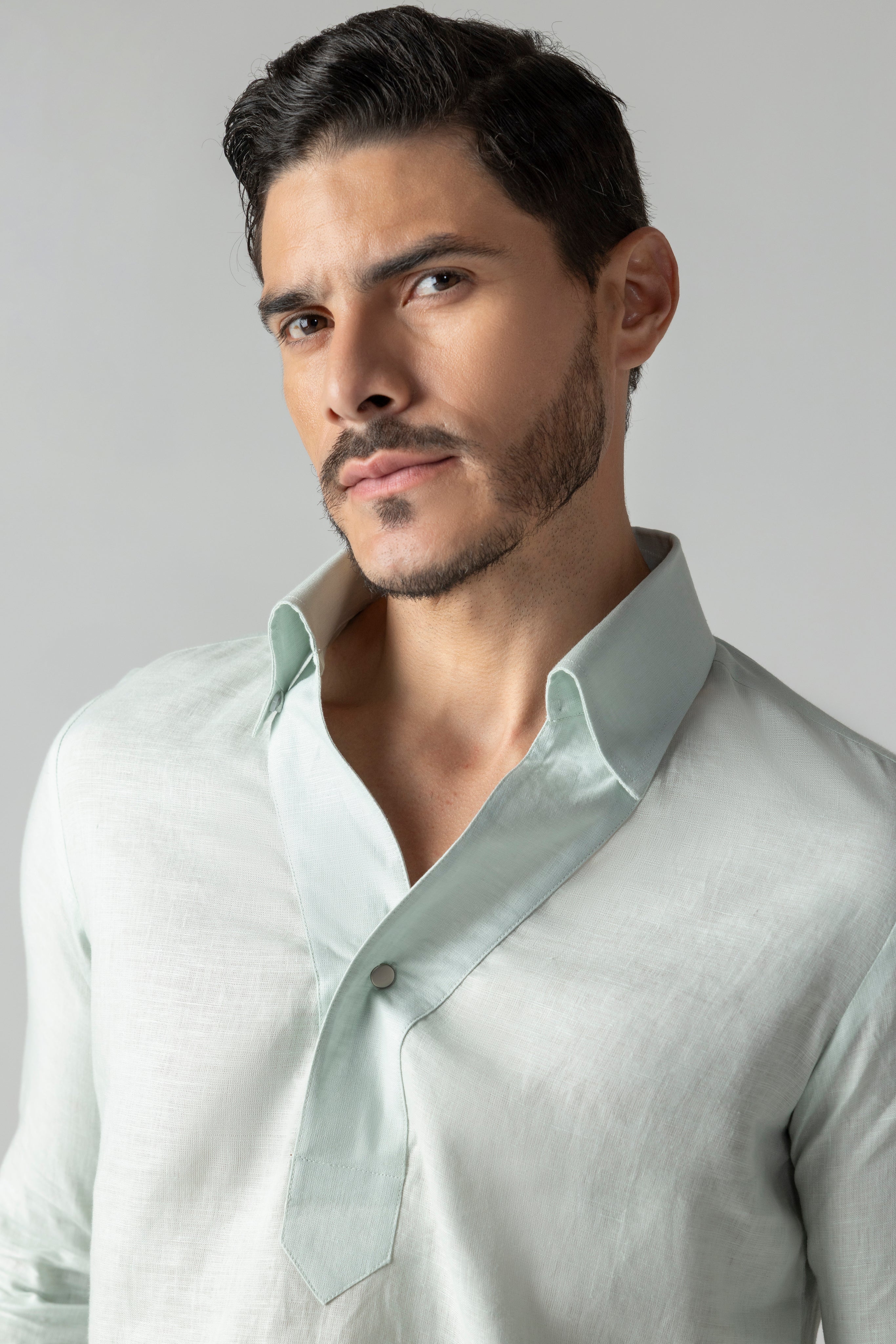Mint green linen kurta placket style shirt with single button