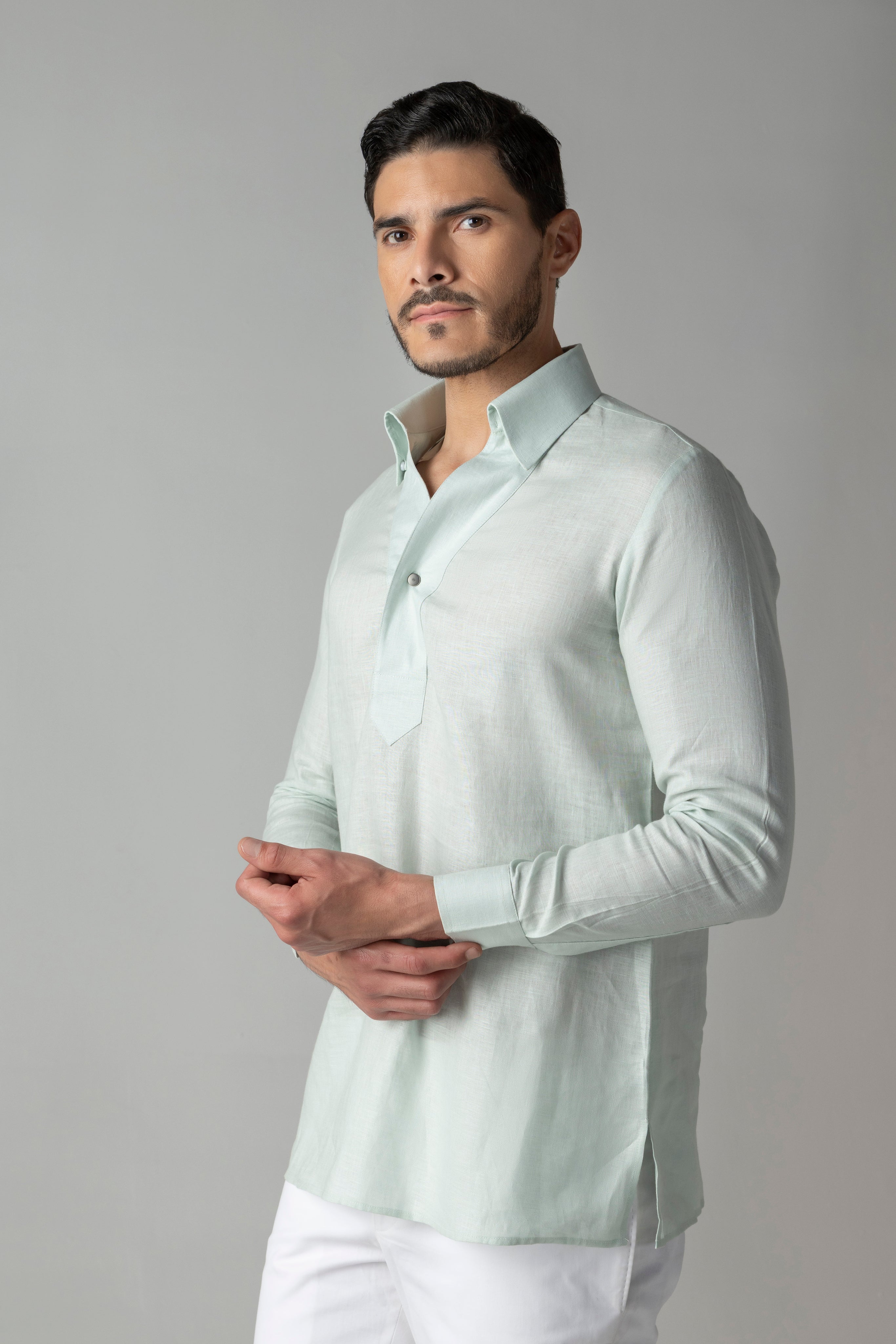 Mint green linen kurta placket style shirt with single button
