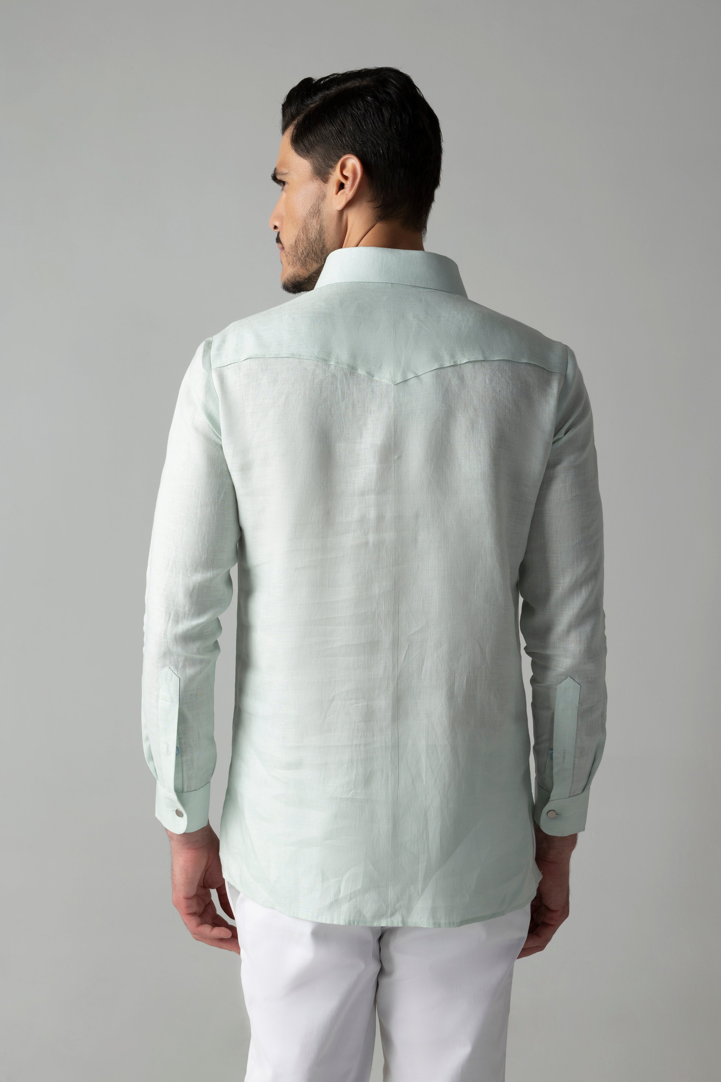 Mint green linen kurta placket style shirt with single button