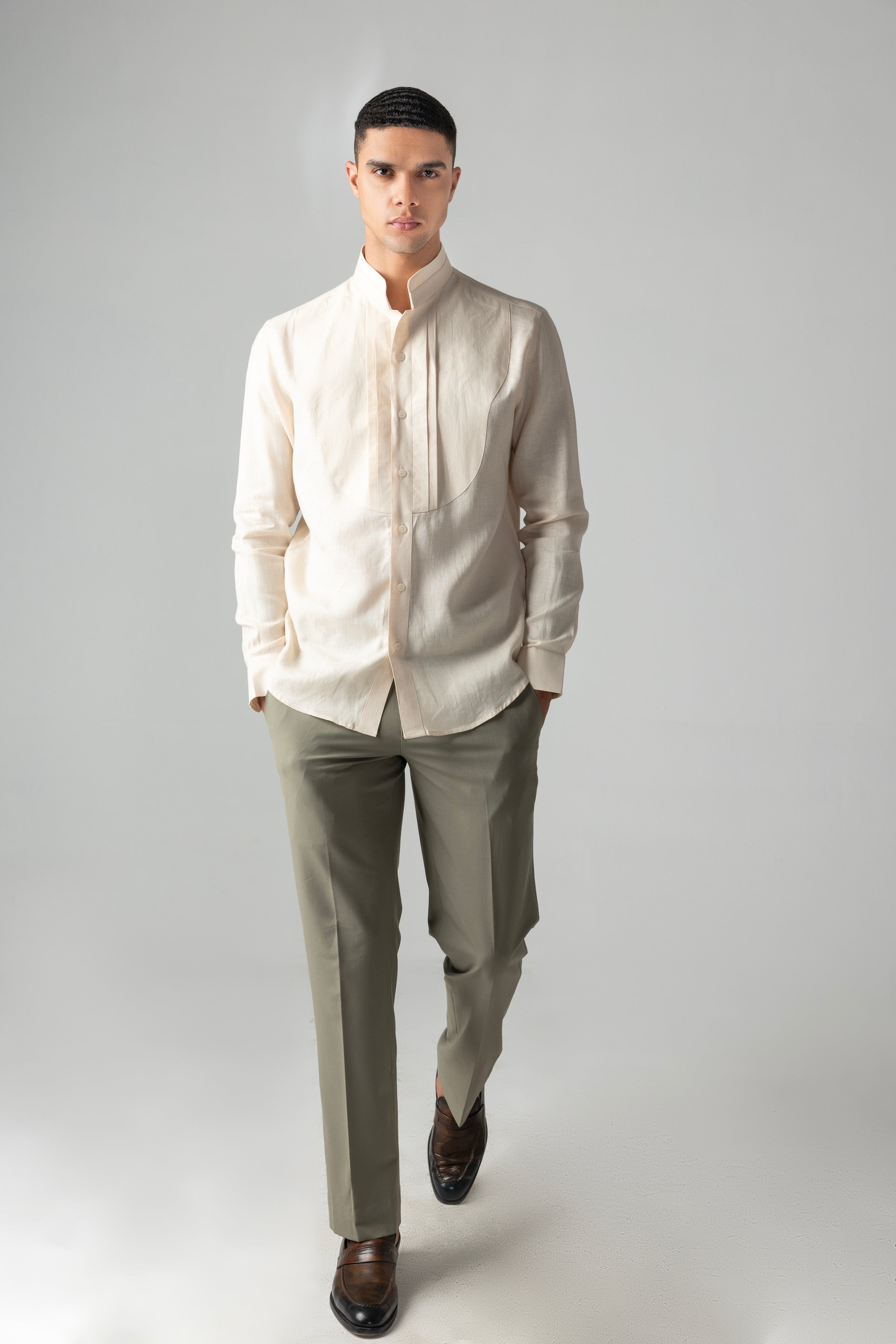 Peach linen shirt with pleating details