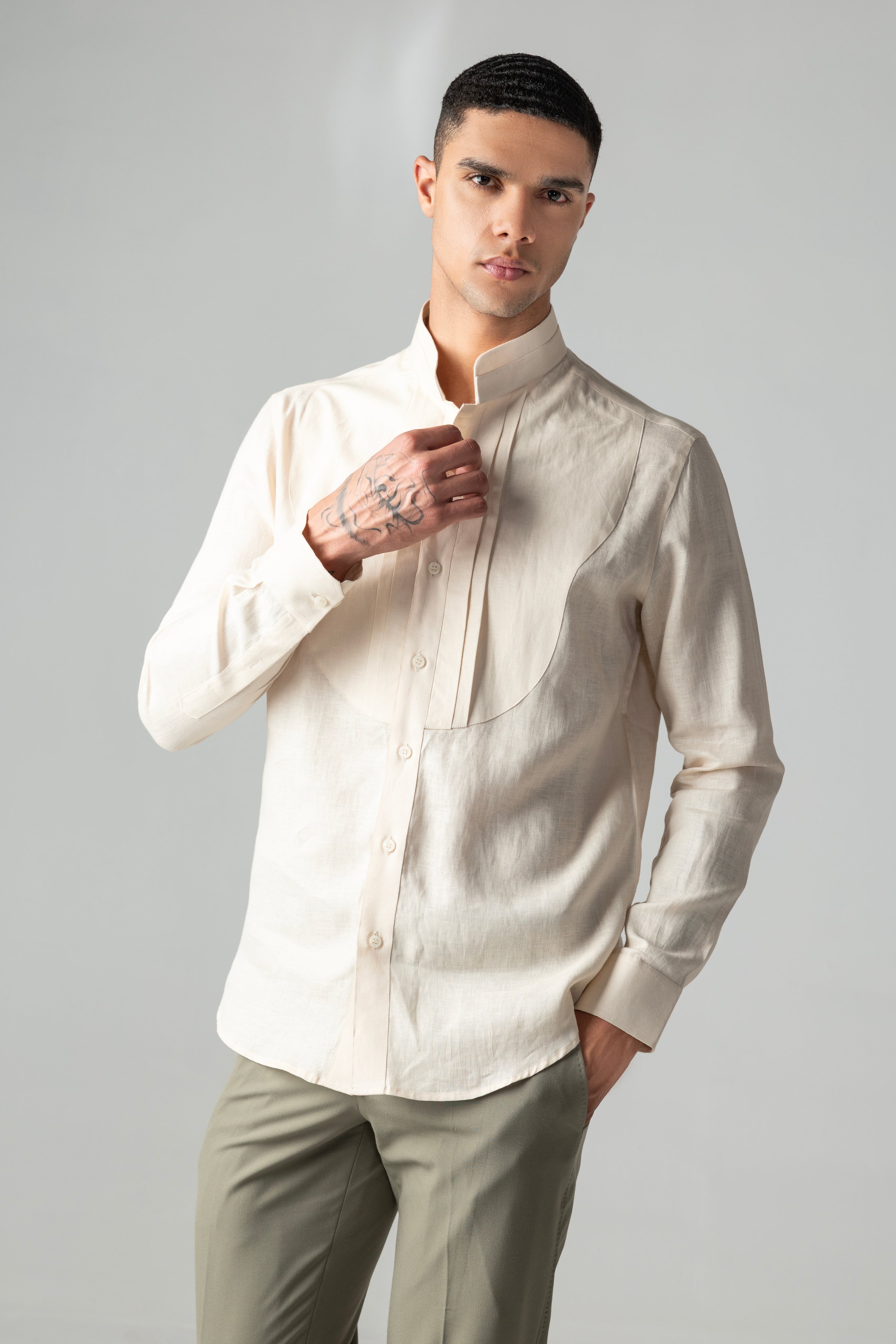 Peach linen shirt with pleating details