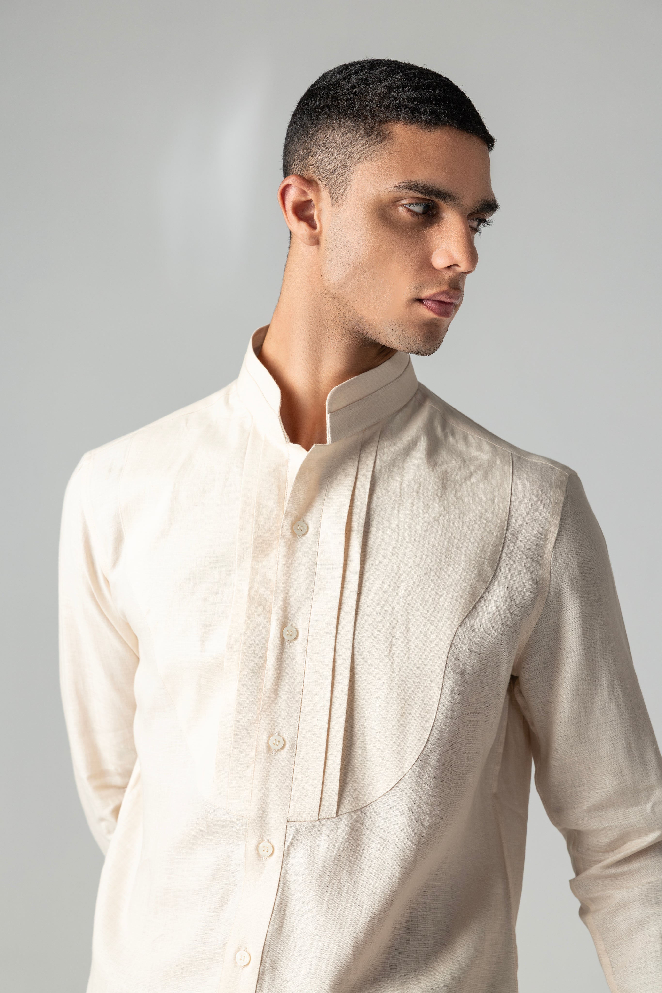 Peach linen shirt with pleating details
