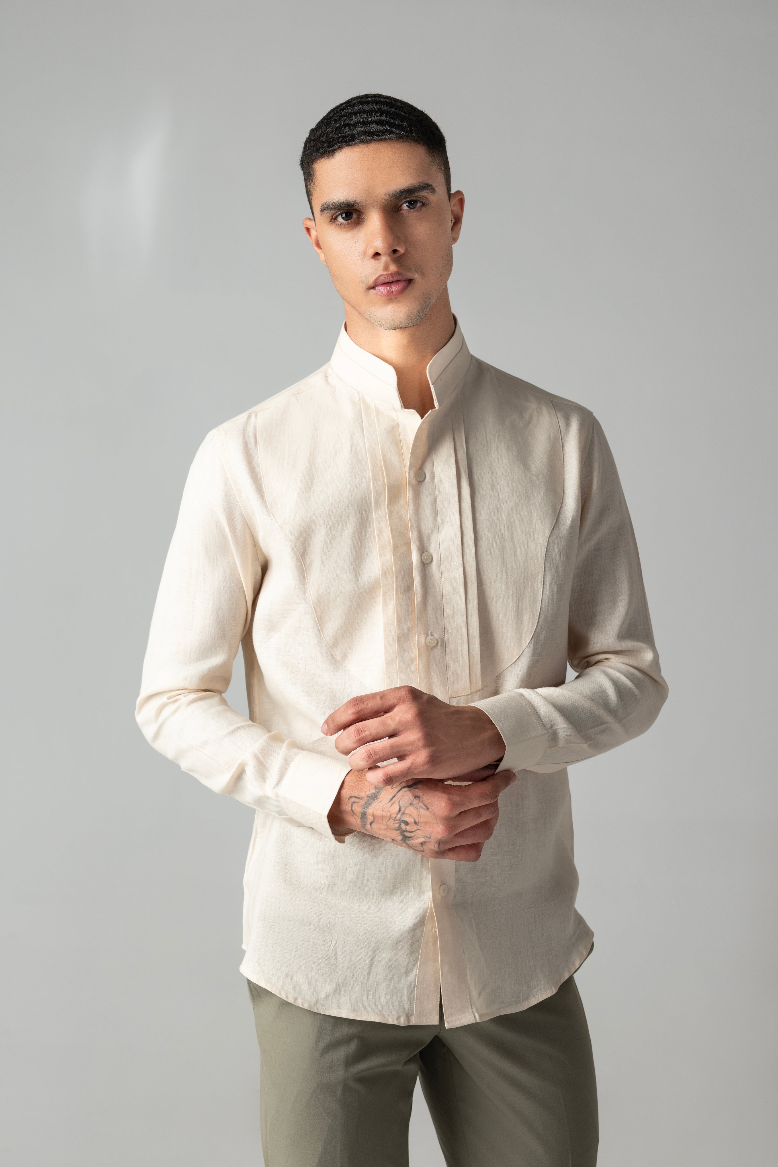 Peach linen shirt with pleating details