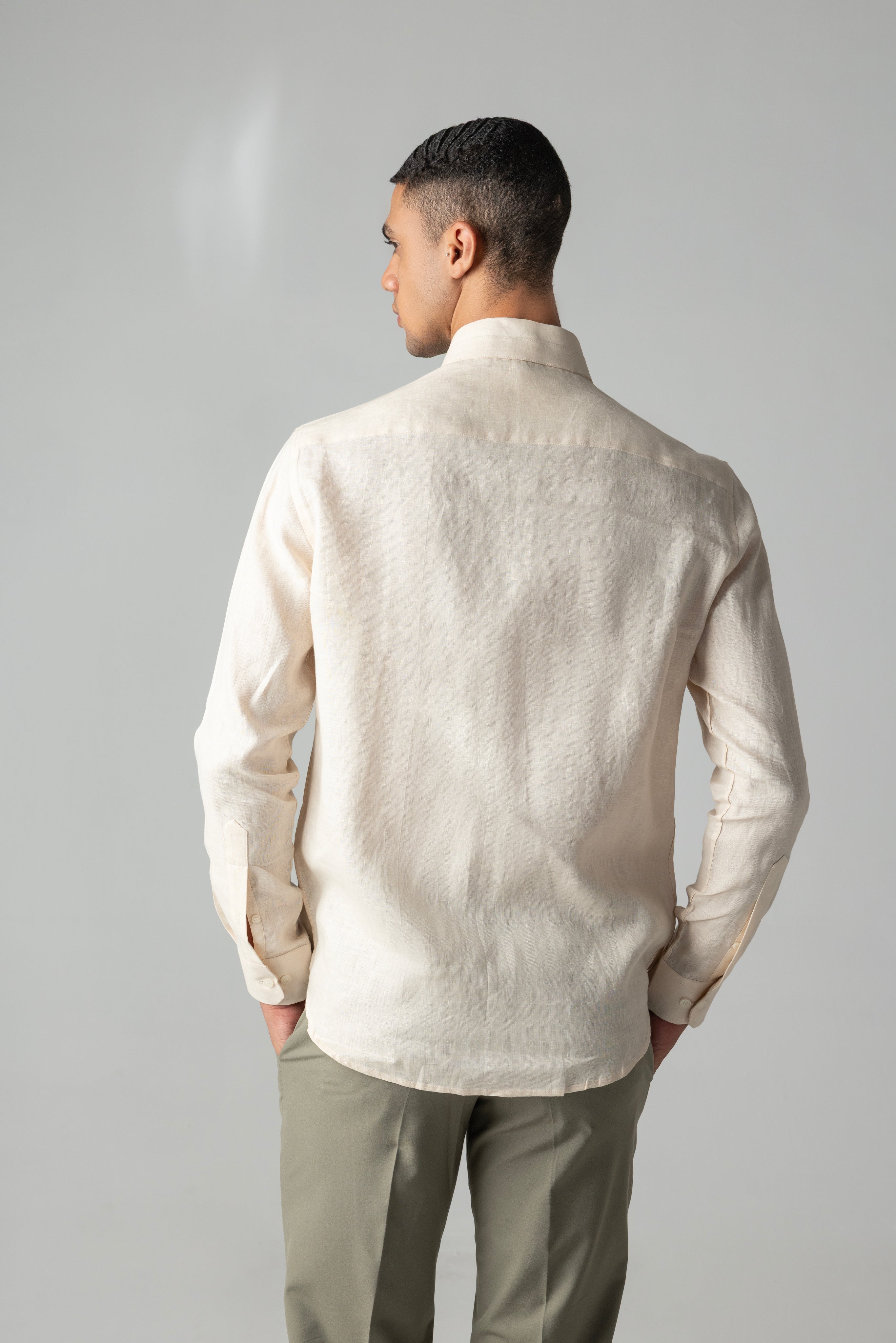 Peach linen shirt with pleating details