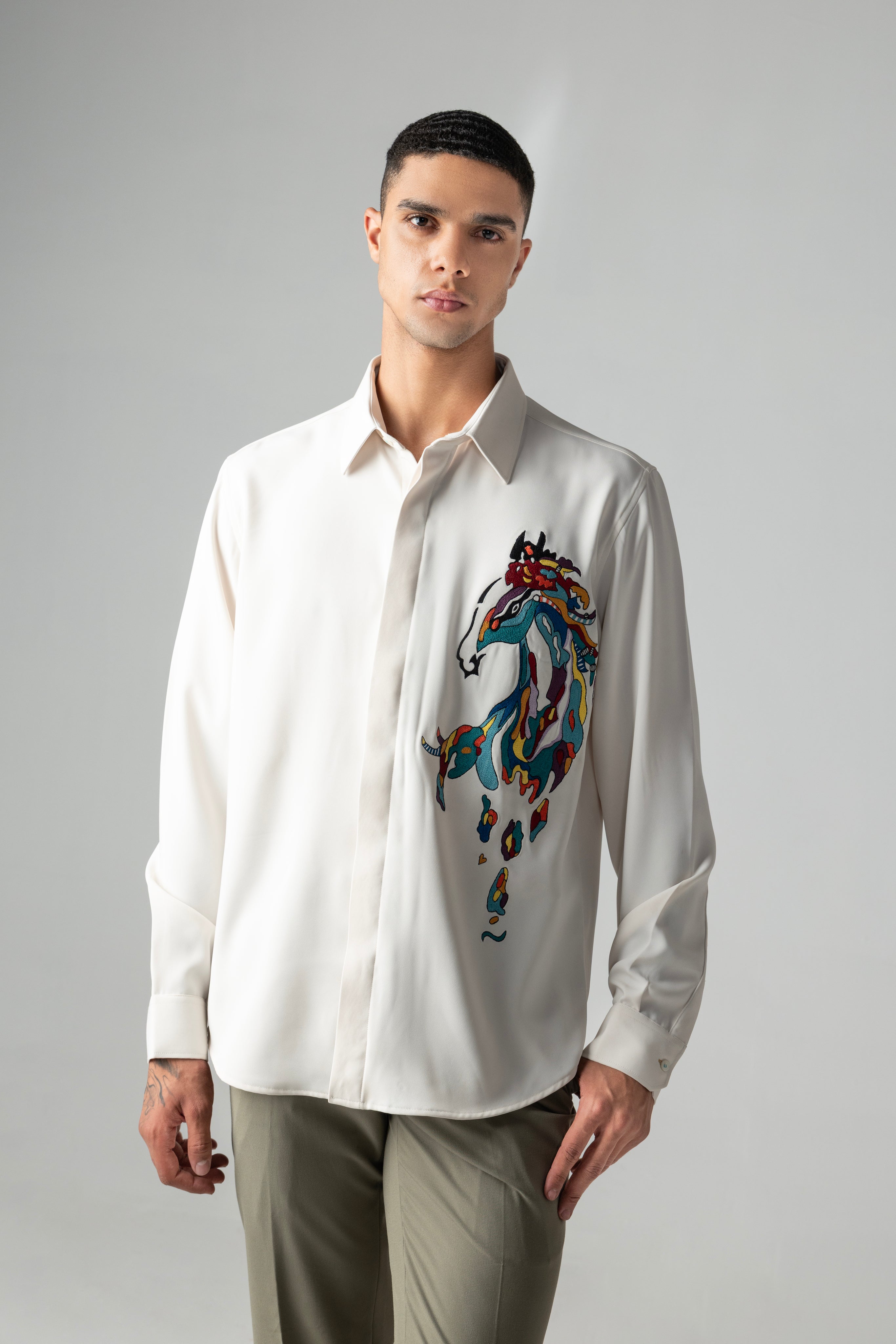 Ivory shirt with multi-coloured embroidered Horse motif