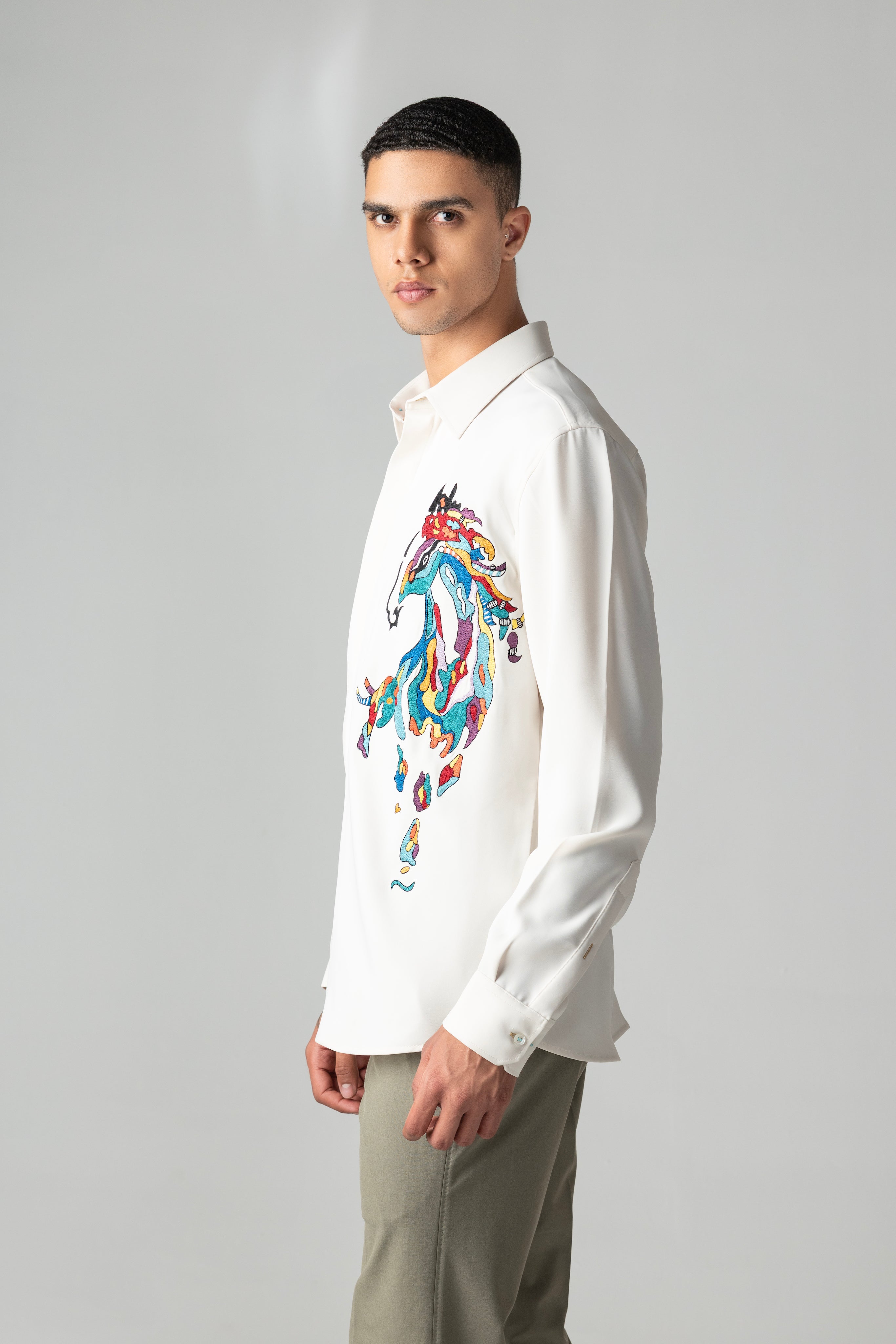 Ivory shirt with multi-coloured embroidered Horse motif