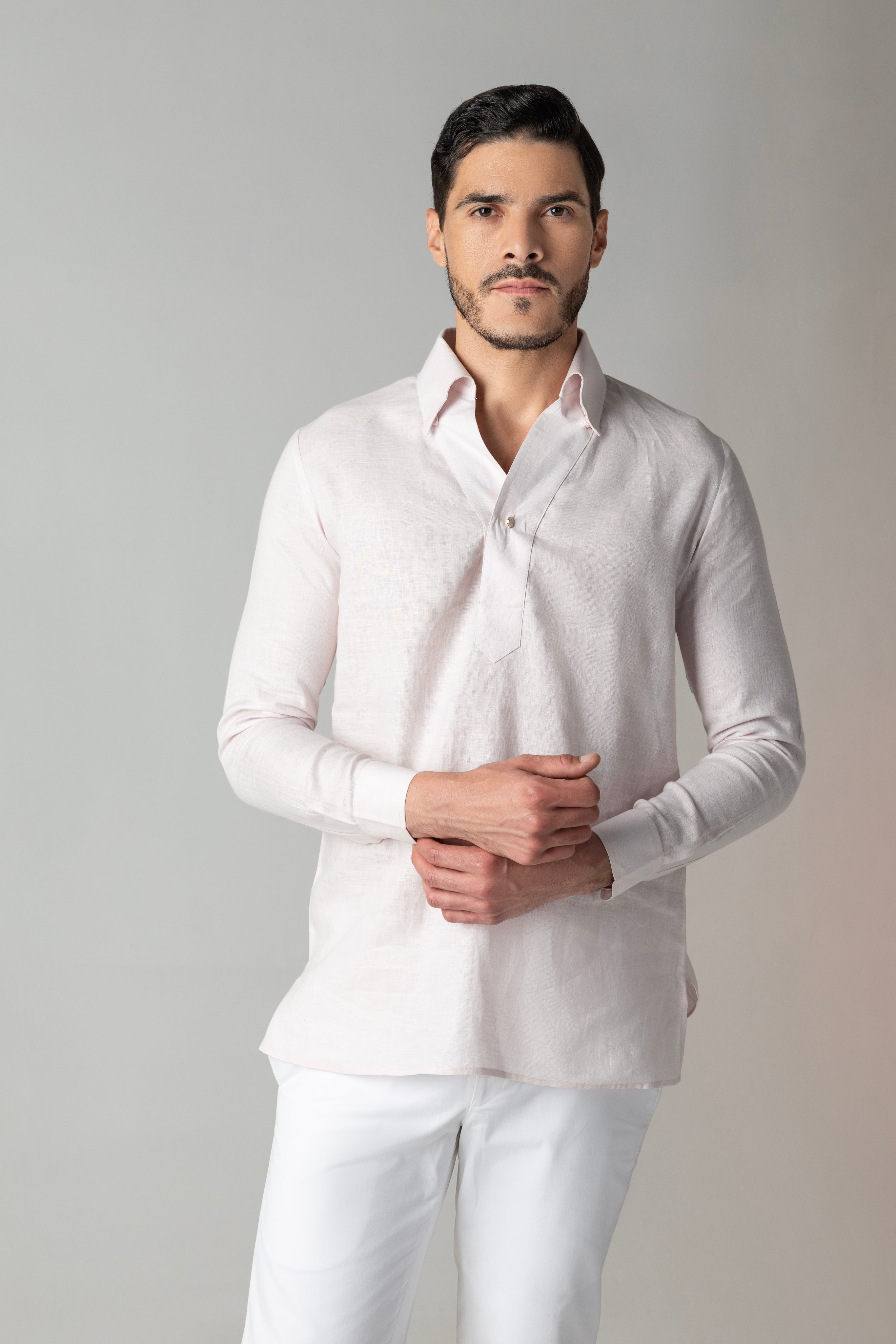 Baby pink linen kurta placket style shirt with single button