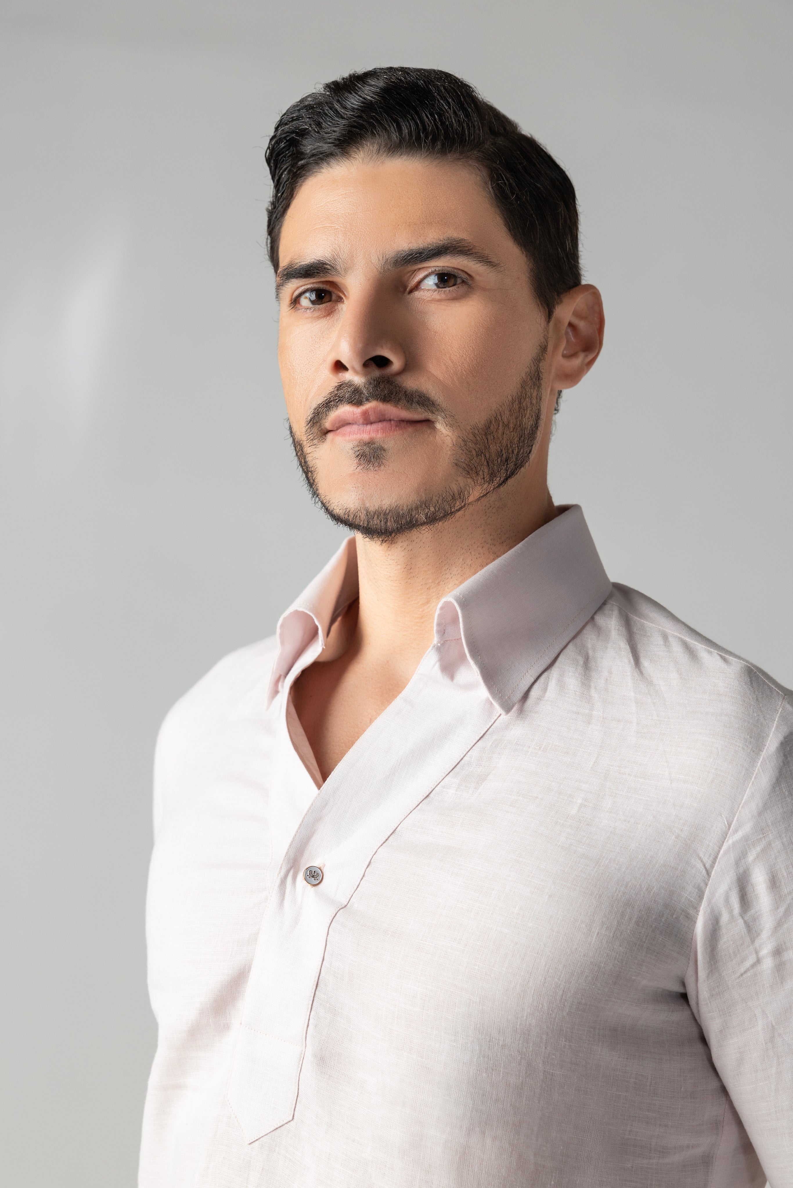 Baby pink linen kurta placket style shirt with single button