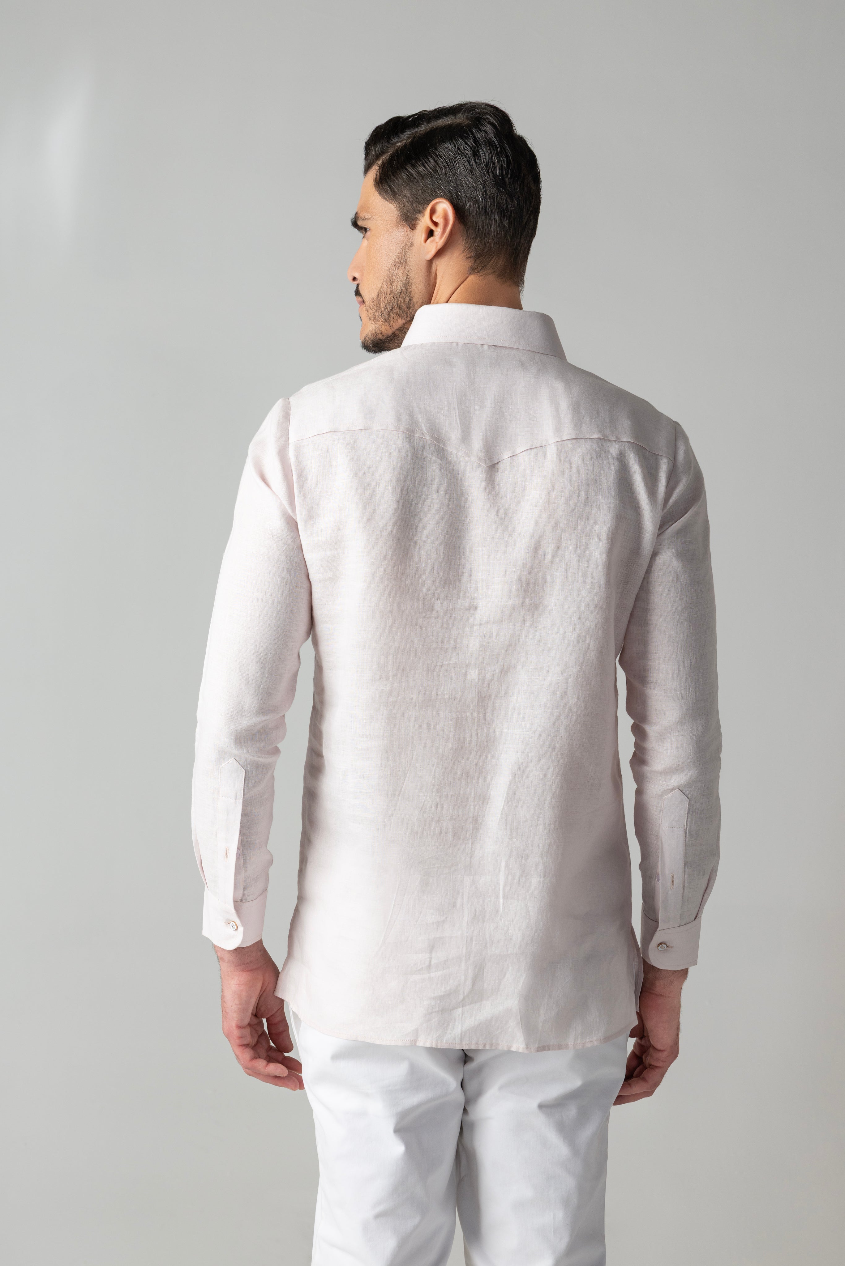 Baby pink linen kurta placket style shirt with single button