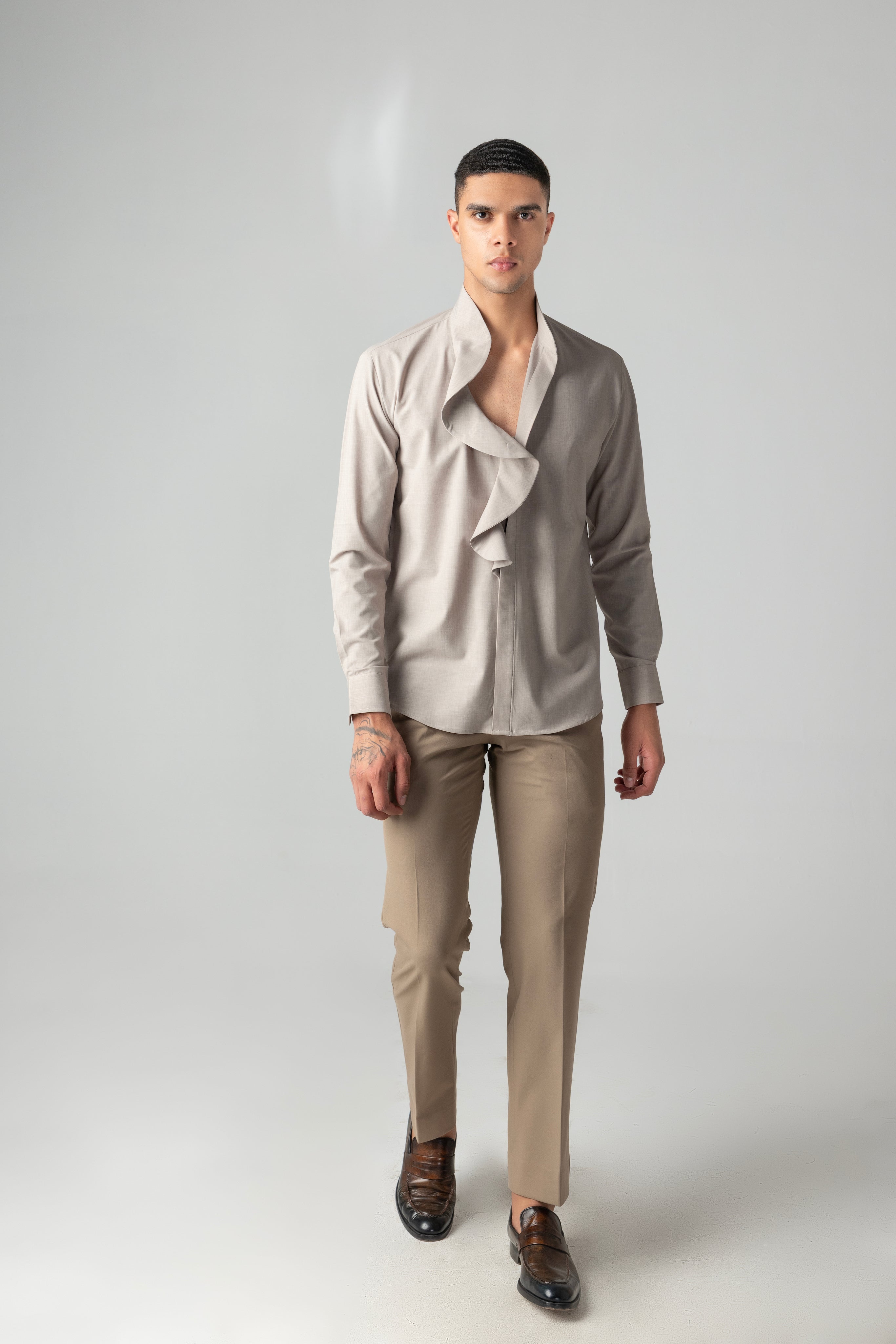 Khakhi shirt with statement front-frill detailing