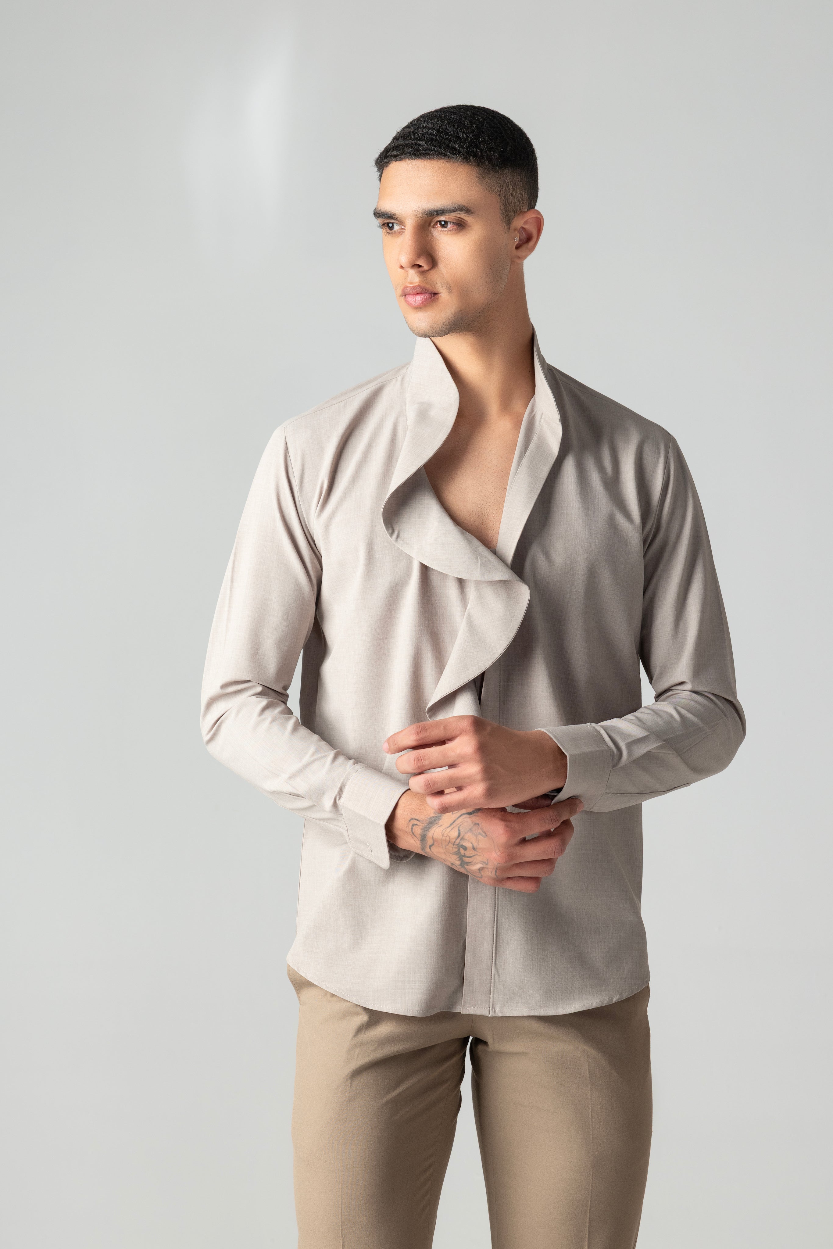 Khakhi shirt with statement front-frill detailing